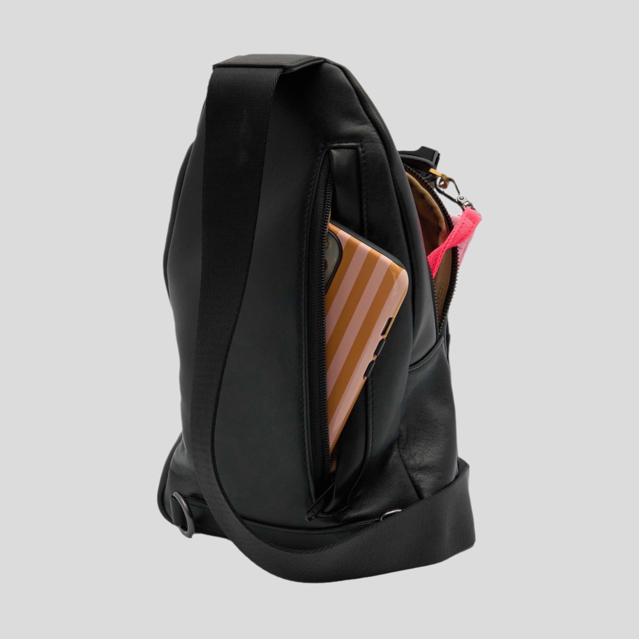 Stylish Multi-Wear Leather Crossbody Sling Bag for Women & Men - Black with Bold Logo - Perfect for Travel, Work & Everyday Use