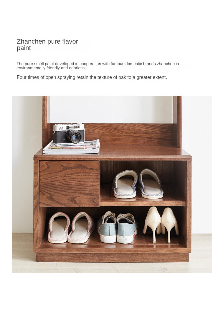 Solid Oak Wood Shoe Stool with Hanger - Space Saving Entryway Storage Cabinet for Shoes, Hats & Coats - Perfect for Small Apartments, Mudrooms & Closet Organization