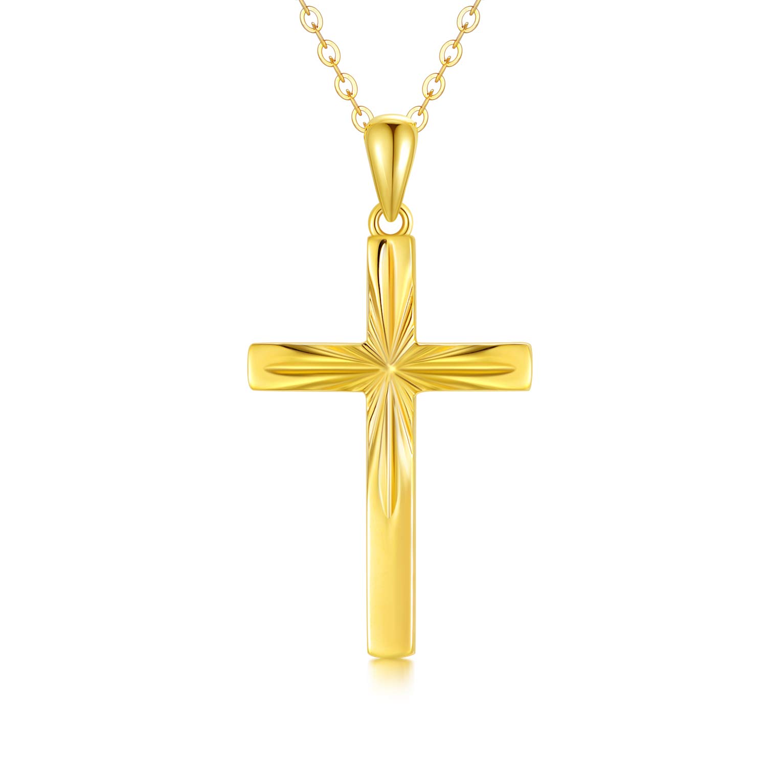 14K Solid Gold Cross Necklace for Women - Delicate Italian Diamond-Cut Religious Pendant Jewelry, 16