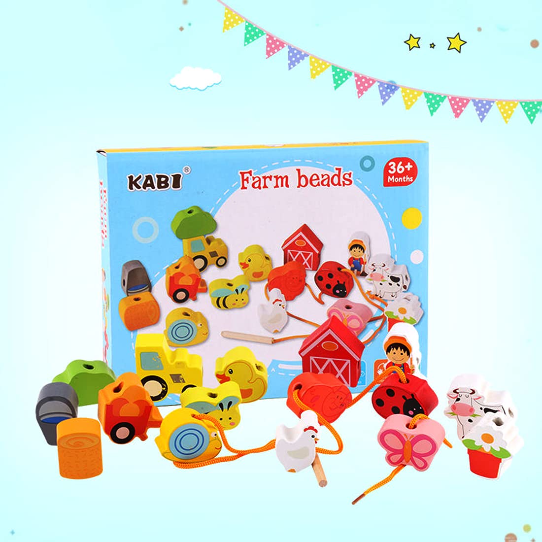 Farm Animal Lacing Toy Set - 16pcs Wooden Beads for Toddlers - Early Learning & Fine Motor Skills Development