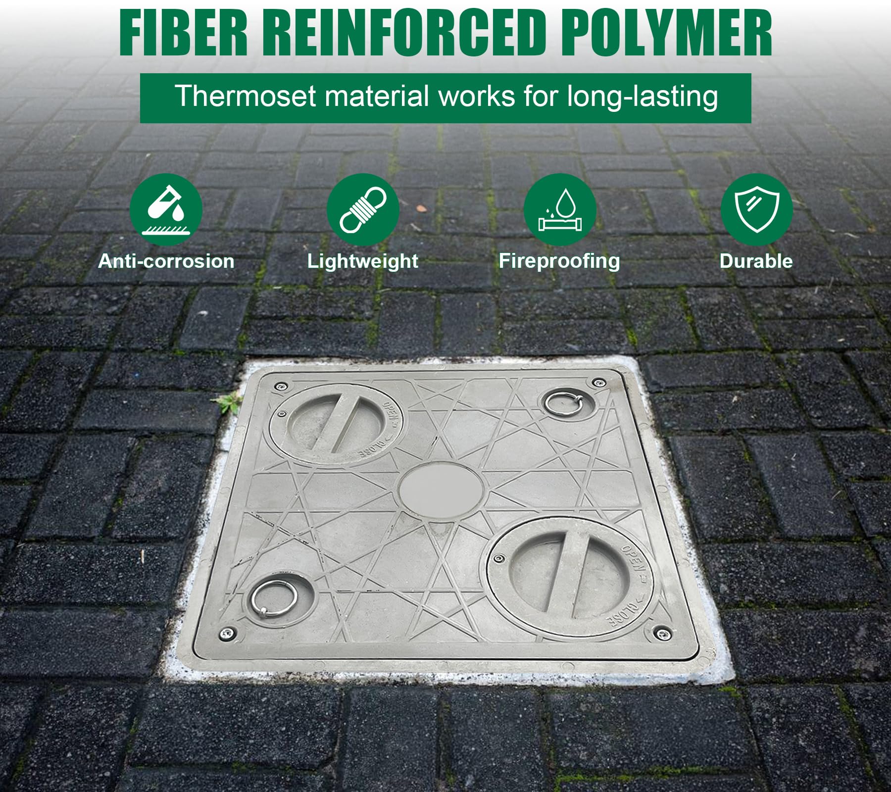 20x20in Lockable Anti-Theft FRP Manhole Cover with 2 Pipe Holes - 24x24in Reinforced Steel Sewer Cover Frame - Non-Slip Recessed Square Septic Tank Lid with Handles for Underground Utility Access, Drainage Systems & Stormwater Management