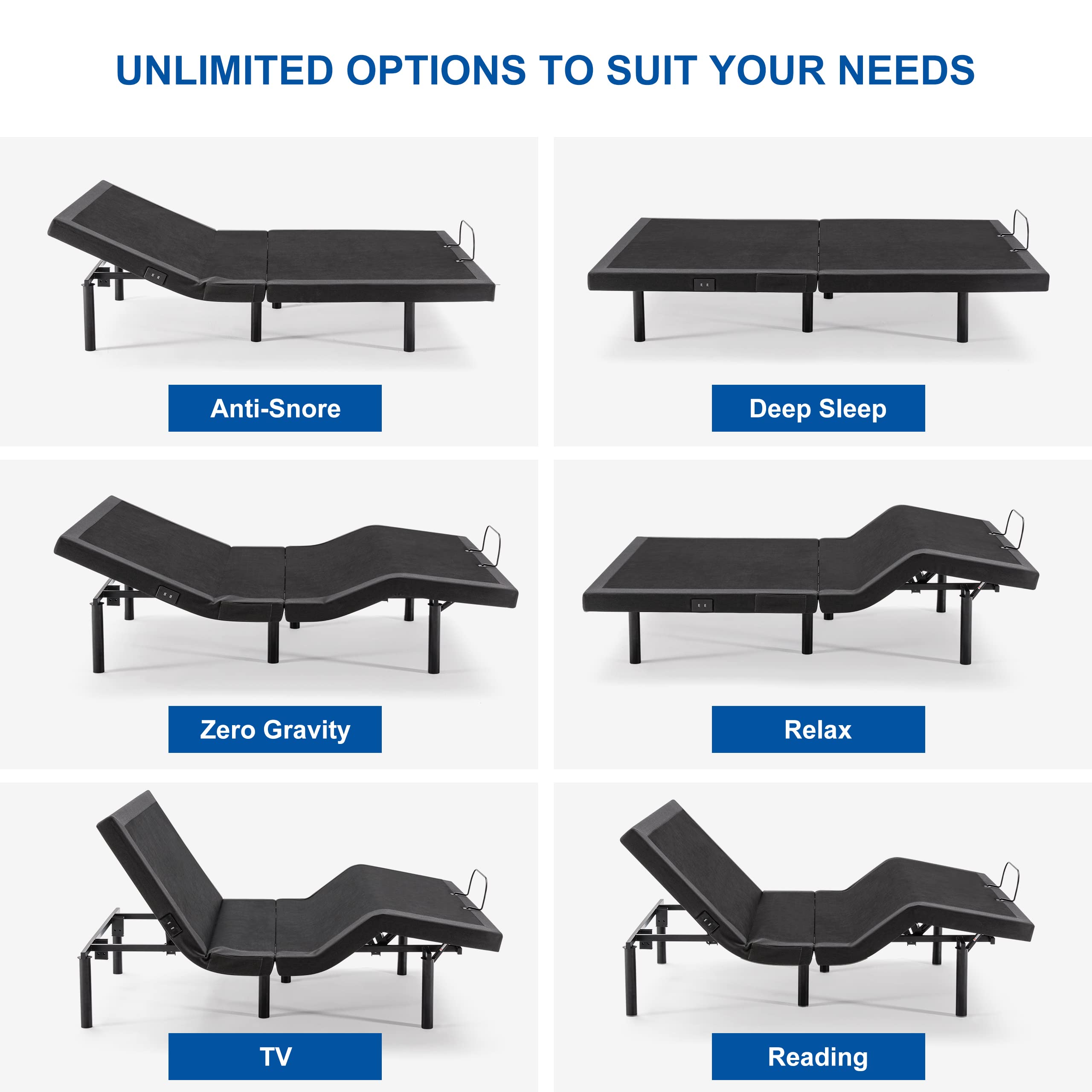 Adjustable Bed Base Frame with 17 Control Functions, Bluetooth App, Dual Massage & USB Ports, Head/Foot Incline, Zero Gravity & Under Bed Lights - Queen Size for Ultimate Comfort & Relaxation | Perfect for Home, Office & Guest Rooms