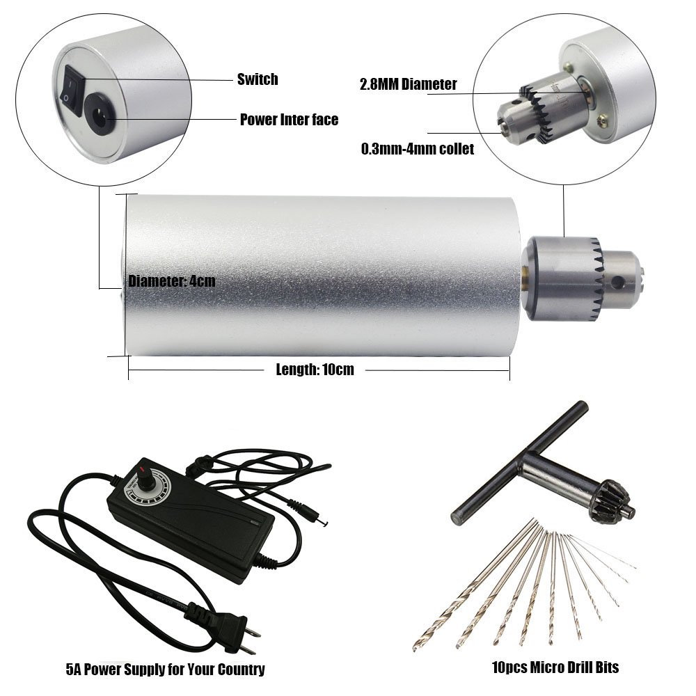 Yakamoz 0.3mm-4mm Adjustable Micro Electric Hand Drill - Portable Mini Drill for DIY PCB, Jewelry Making & Model Building | 5A DC5V-12V Power Supply with 10pc Micro Drill Bits | Perfect for Hobbyists & Precision Crafting