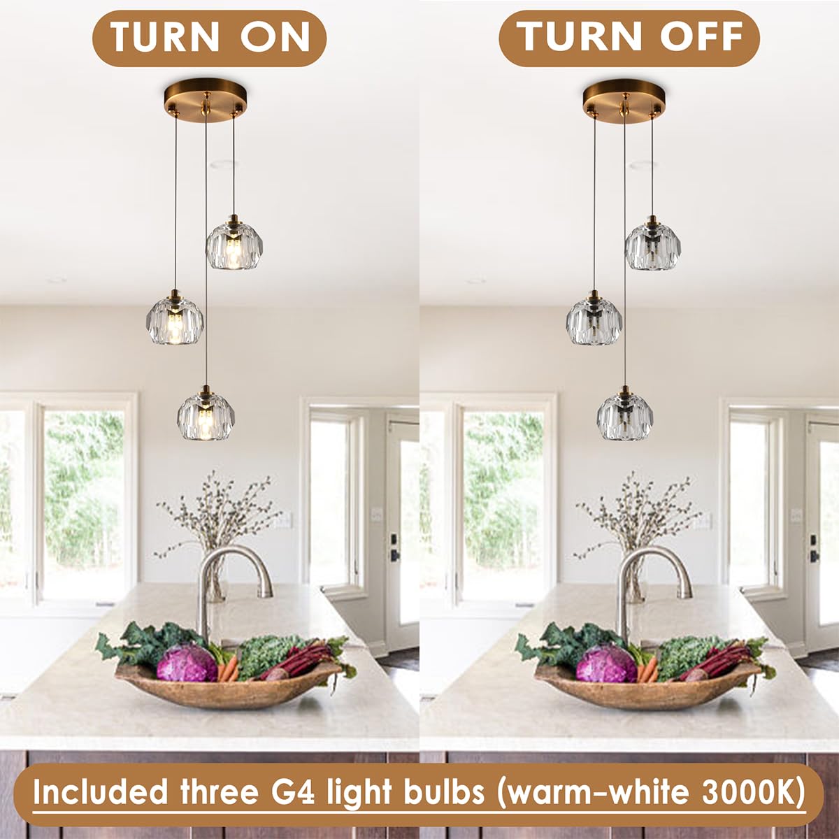 3-Light Cut Pendant Light Fixtures - 9W Brass LED Ceiling Pendant Lighting with Clear Prism Crystal - Modern Hanging Lamps for Kitchen Island, Dining Room, Bar, Living Room & Bedroom Decor