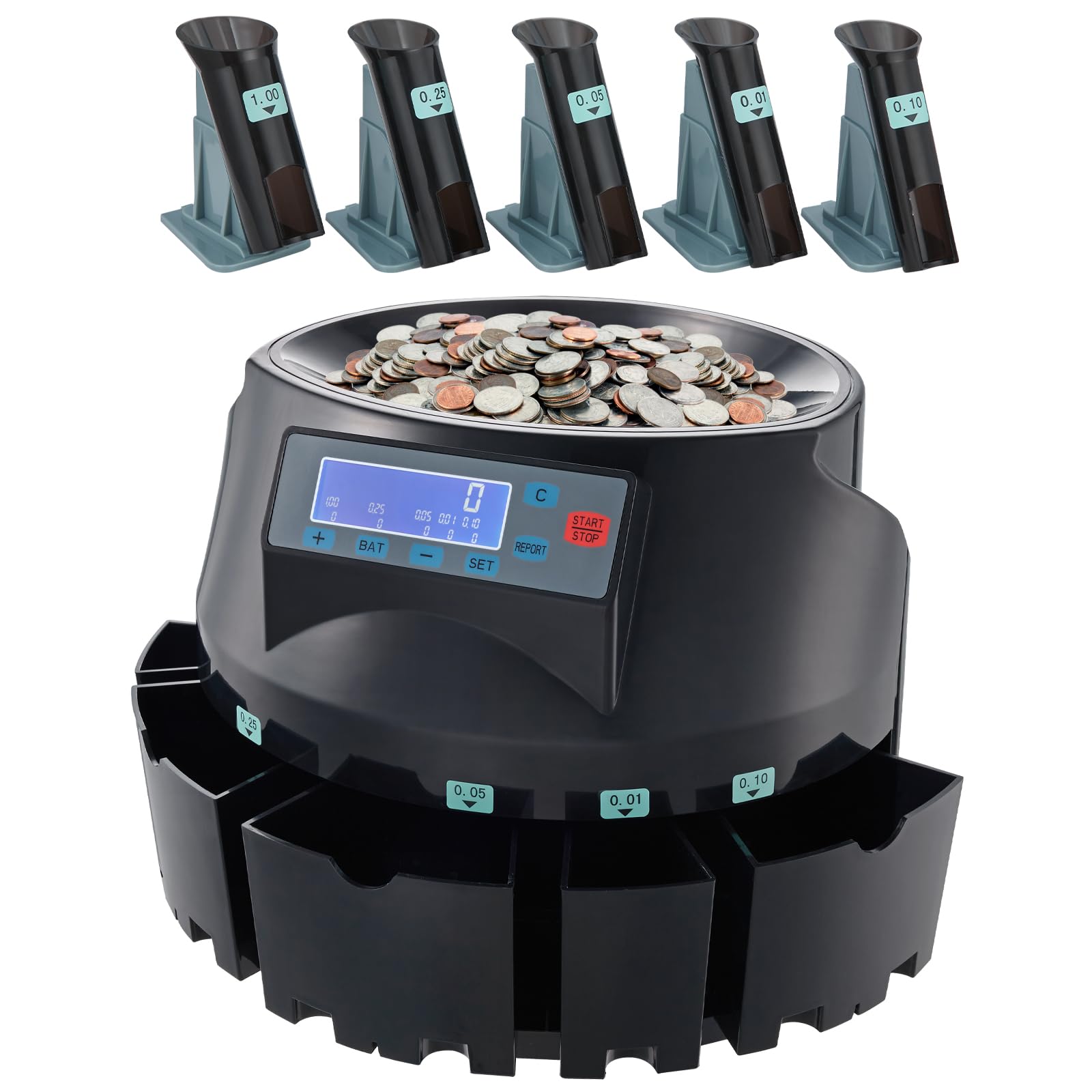 VEVOR Coin Counter & Sorter Machine with LCD Display - High Speed 300 Coins/min, 2000 Coin Capacity for US Currency (Pennies, Nickels, Dimes, Quarters & $1 Coins) - Includes 5 Sorting Bins & Tubes - Perfect for Banks, Retail Stores & Cash-Intensive Businesses