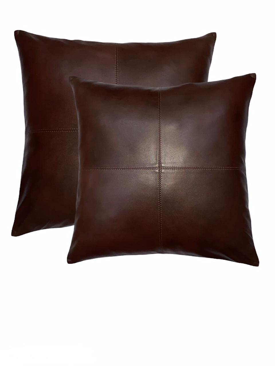 100% Genuine Leather Throw Pillow Covers 20x20 Inches - 2PC Set, Brown - Boho Farmhouse Style Decorative Cushion Cases for Sofa, Bed, Chair & Car - Perfect for Living Room, Bedroom & Office Decor