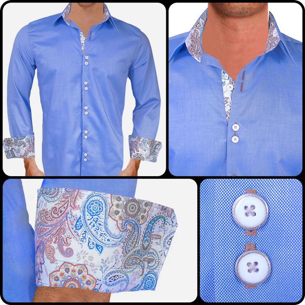 Premium Blue with White and Brown Paisley Pattern Men's Dress Shirts - 100% Cotton, Made in USA - Perfect for Business Meetings, Weddings & Formal Occasions