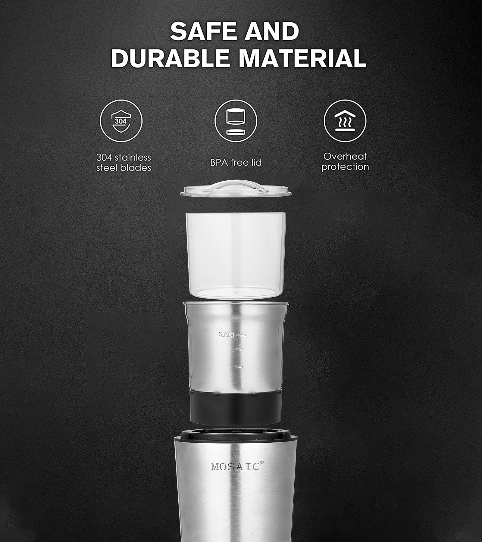 Electric Coffee Grinder & Spice Blender - 2 Stainless Steel Bowls for Coffee Beans, Herbs, Nuts & Spices | Dishwasher Safe | Perfect for Home Kitchen, Espresso & Baking Use