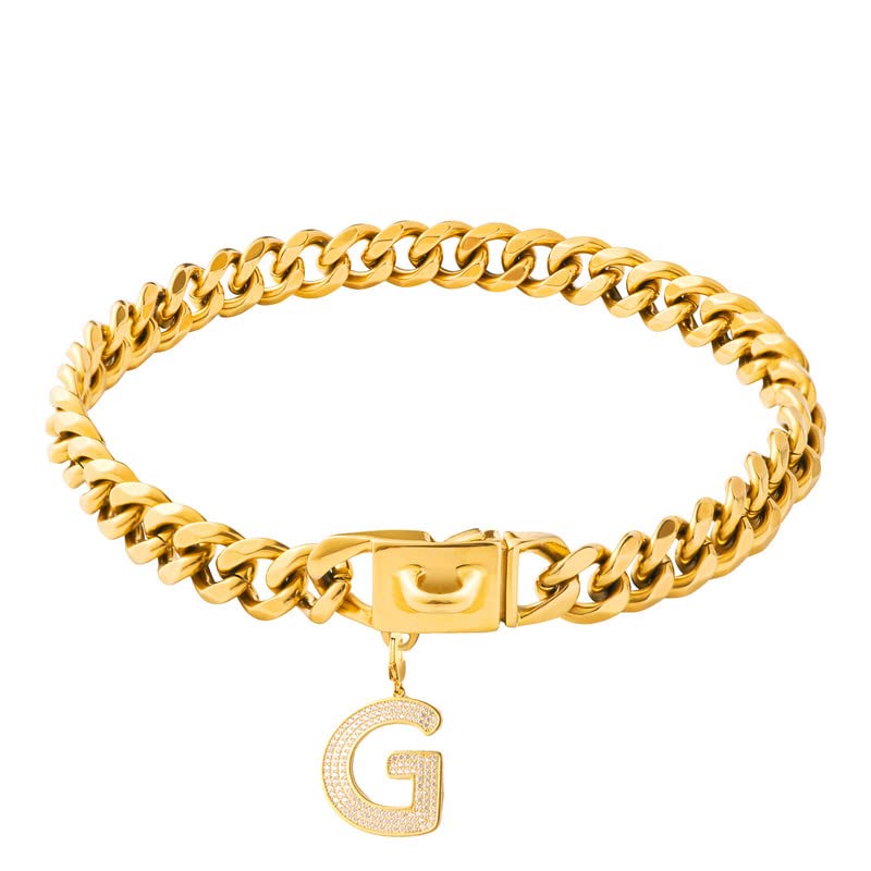 Gepopet 18K Gold Cuban Link Dog Collar for Medium & Large Dogs - Heavy Duty Chew Proof Bling Letter Pendant Collar (10In, 14In, 16In) - Perfect for Daily Walks, Training & Fashion Accessories