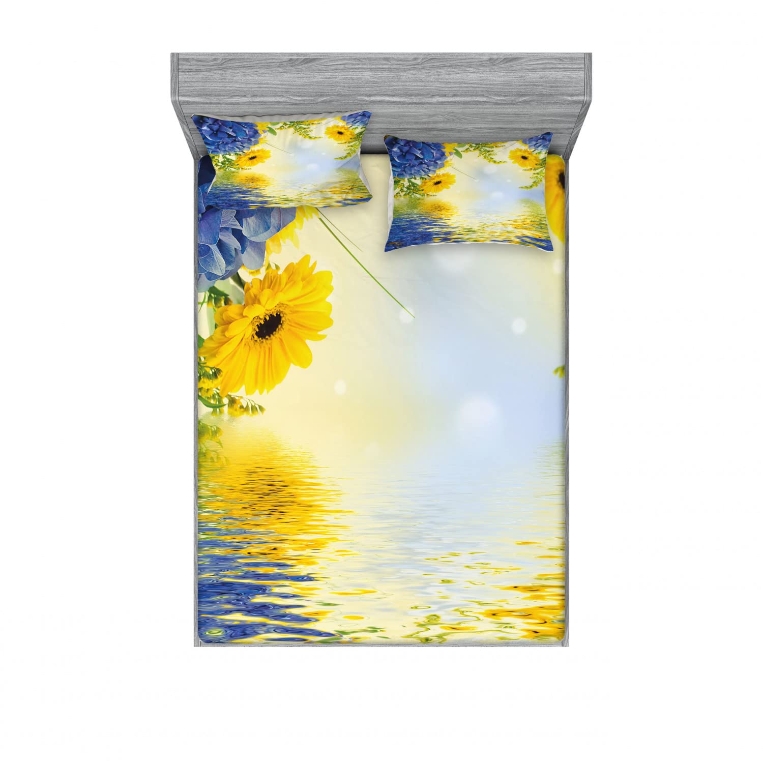 Ambesonne 2-Piece Queen Size Fitted Sheet Set with 4 Pillow Shams - Romantic Floral Bouquet Pattern in Violet Blue & Earth Yellow | Soft Bedding Decor for Master Bedroom, Guest Room & Vacation Homes
