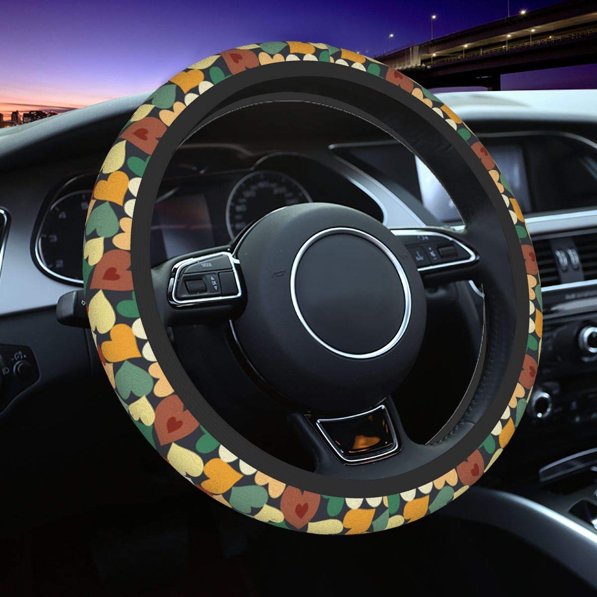 Delerain Colored Hearts Steering Wheel Cover - Anti-Slip Elastic Universal 15 Inch Car Steering Wheel Protector for Men & Women - Perfect for Daily Commute, Road Trips, and Car Decor
