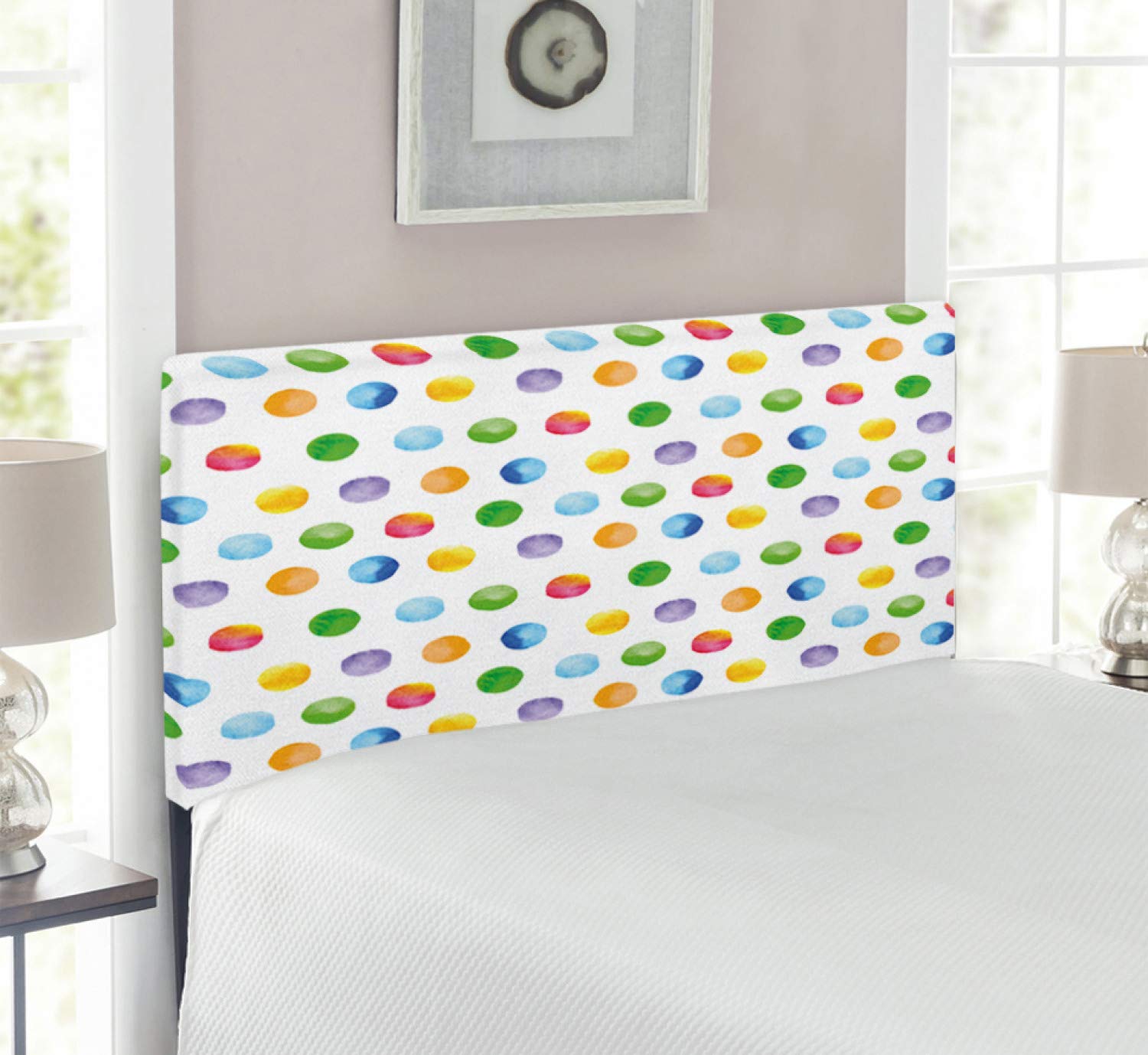 Ambesonne Abstract Upholstered Headboard with Memory Foam - Modern Watercolor Polka Dot Design, Twin Size Multicolor Metal Bed Frame for Contemporary Bedroom Decor | Perfect for Guest Rooms, Dorms & Apartment Styling