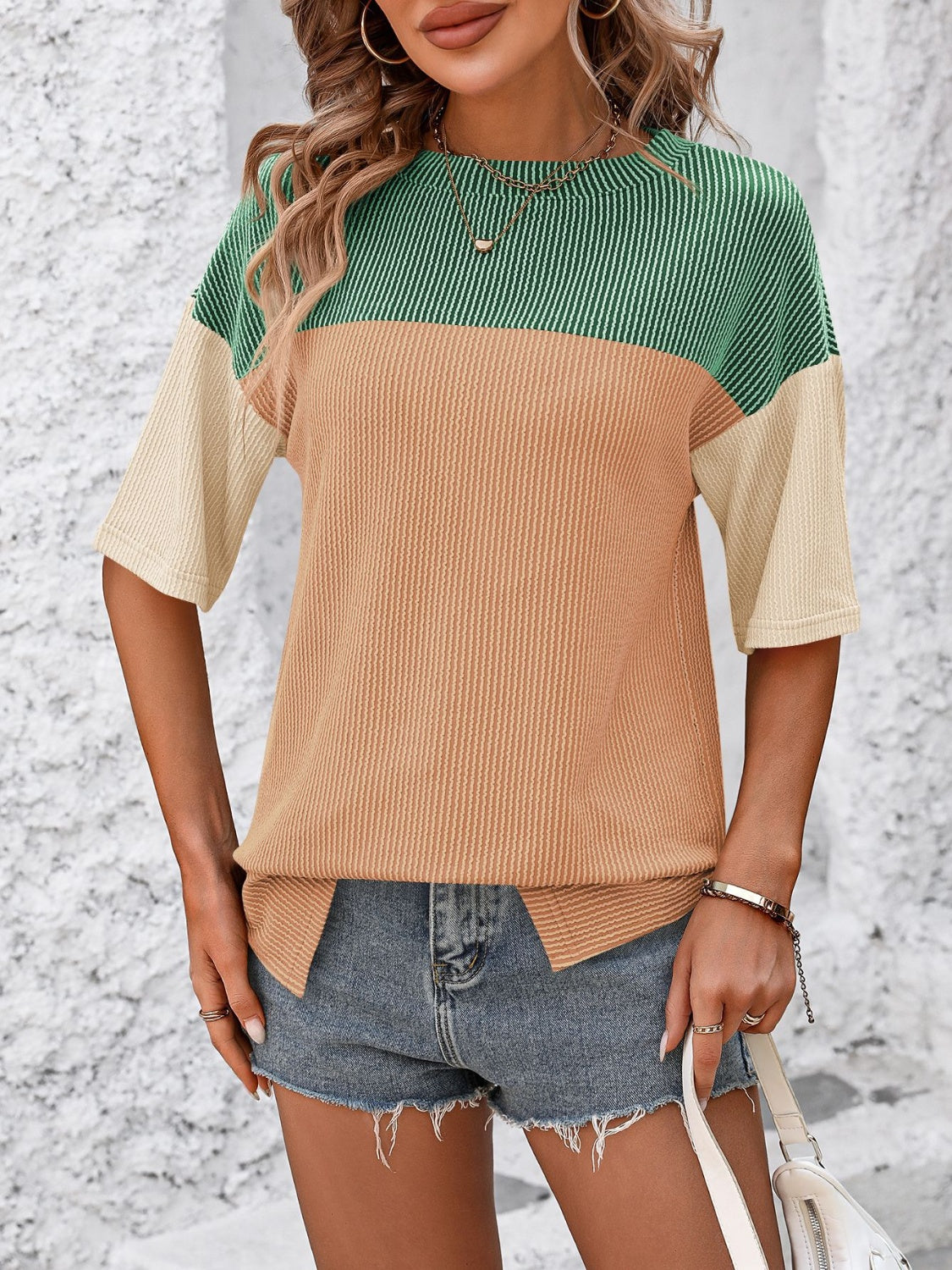 Color Block Round Neck Half Sleeve T-Shirt for Women - Casual Summer Fashion Top for Outfits, Streetwear & Everyday Wear