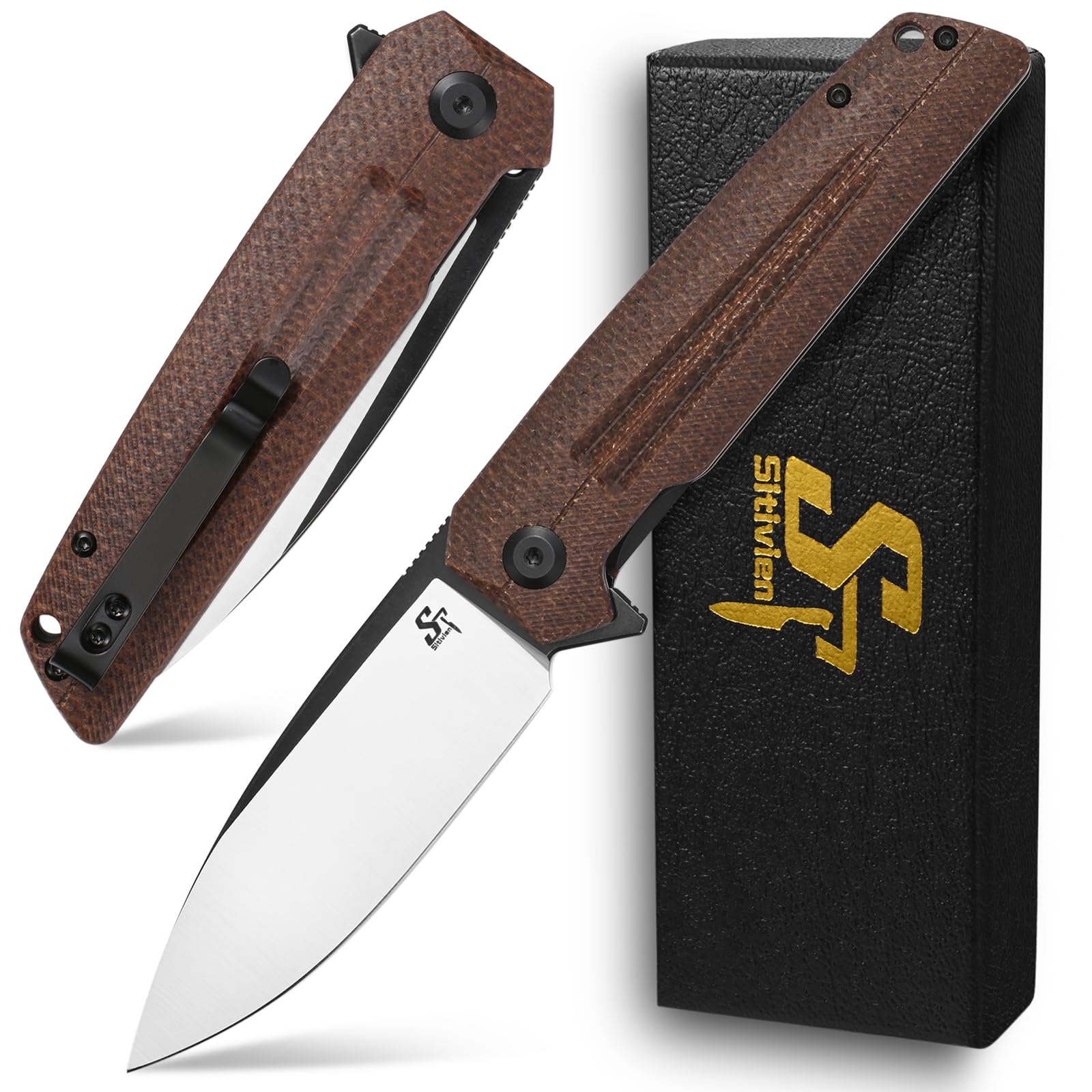 Sitivien ST152 Folding Pocket Knife - Premium K110 (D2) Steel Blade with Durable Micarta Handle - EDC Tool for Outdoor Camping, Hiking, Fishing Survival - Perfect for Bushcraft, Hunting, and Everyday Carry (Brown)