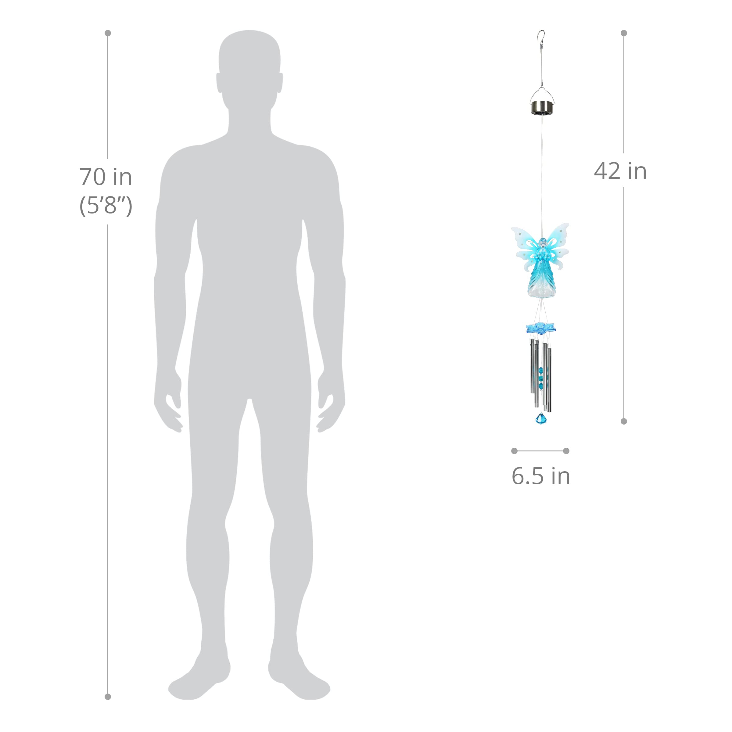 Exhart Solar-Powered Angel Wind Chime with LED Firefly Lights - Blue Acrylic Metal Wings for Outdoor Lawn & Yard Decoration (6.5 x 4 x 42 Inch) - Perfect for Garden, Patio, Porch & Backyard Ambiance