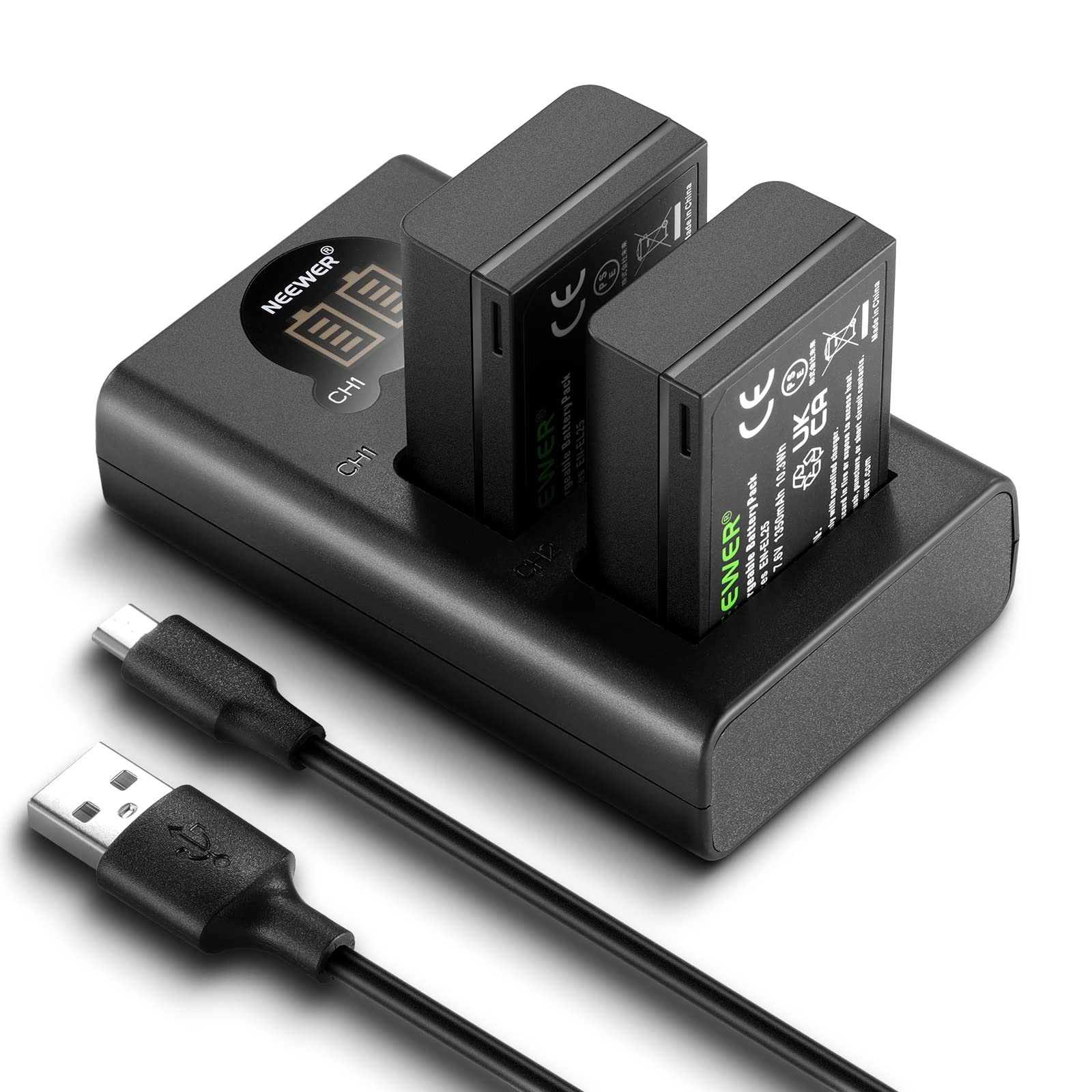 NEEWER EN-EL25 Replacement Battery and USB Charger Set - 2 Pack 1350mAh Batteries with Dual Channel Type C Charger for Nikon Z30 Z50 ZFC Cameras | Perfect for Travel Photography & Vlogging