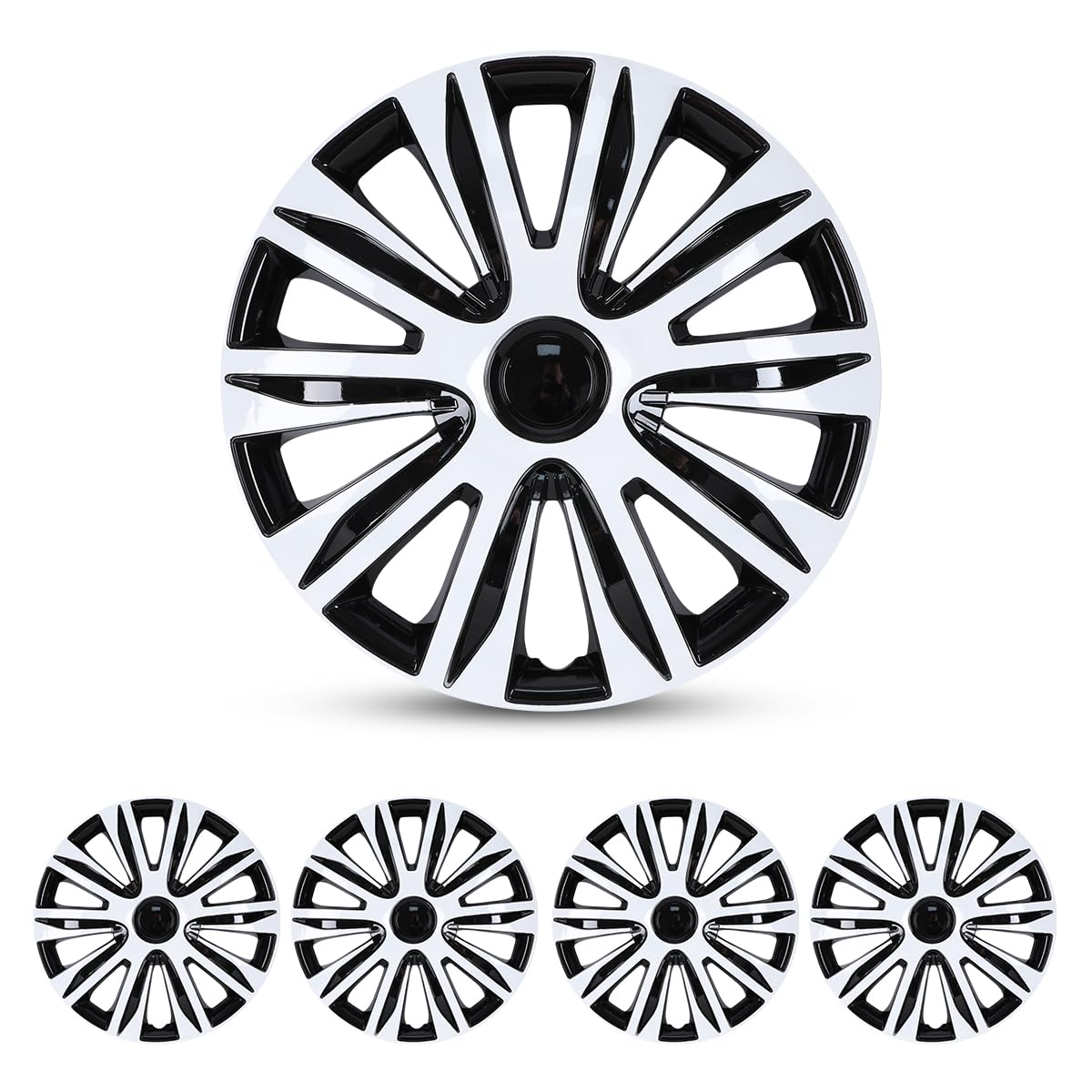 Universal 15 Inch ABS Wheel Rim Covers - Snap-On Hubcaps for Cars, Trucks & SUVs - Durable Black & White Lacquer Design - Set of 4 - Perfect for Tire Rim Replacement & Vehicle Customization