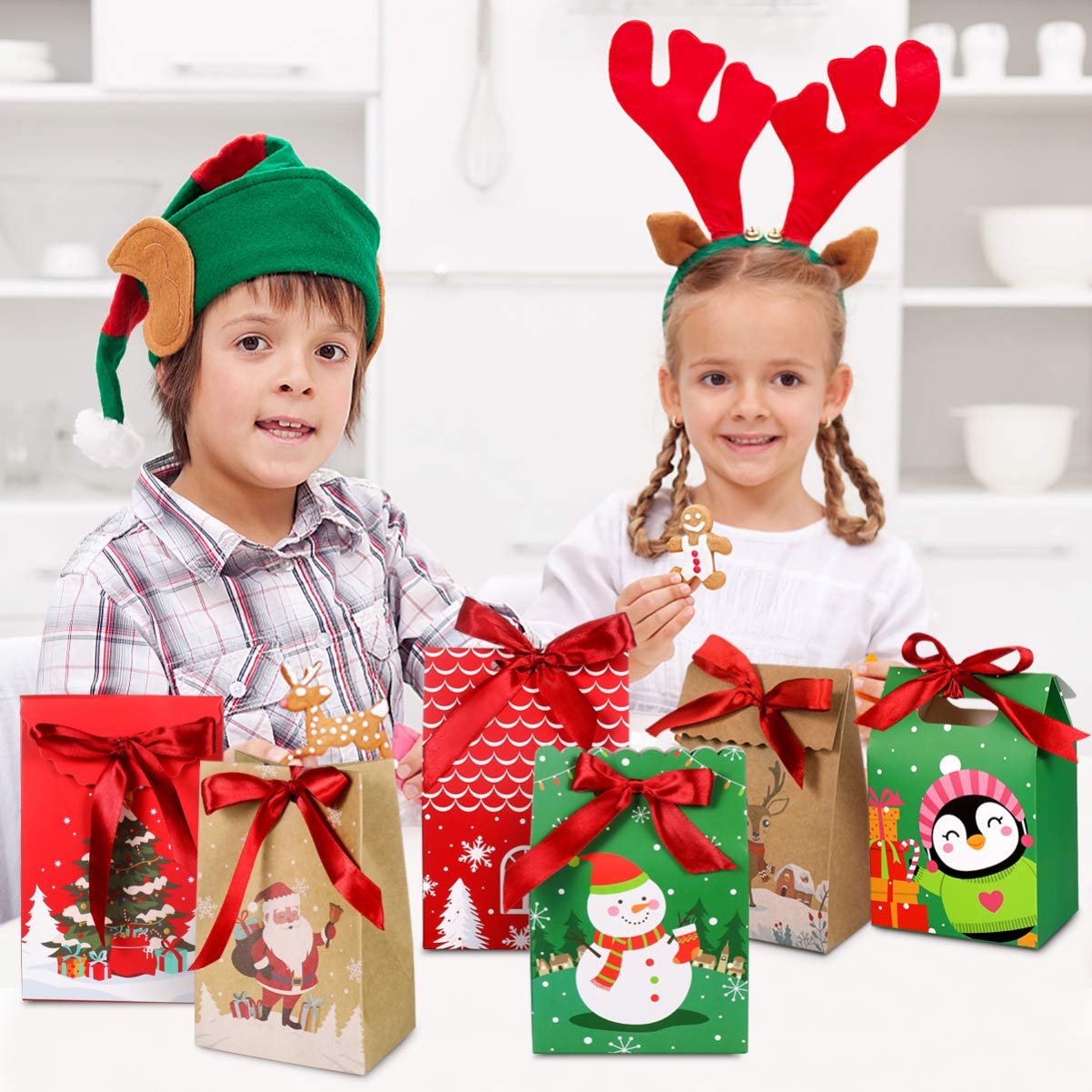 24 Pack Christmas Candy Boxes - 6 Unique Reusable Treat Bags for Gifts, Candies, Cookies | Xmas Party Favors, Holiday Gift Wrapping, Stocking Stuffers & Classroom Treats
