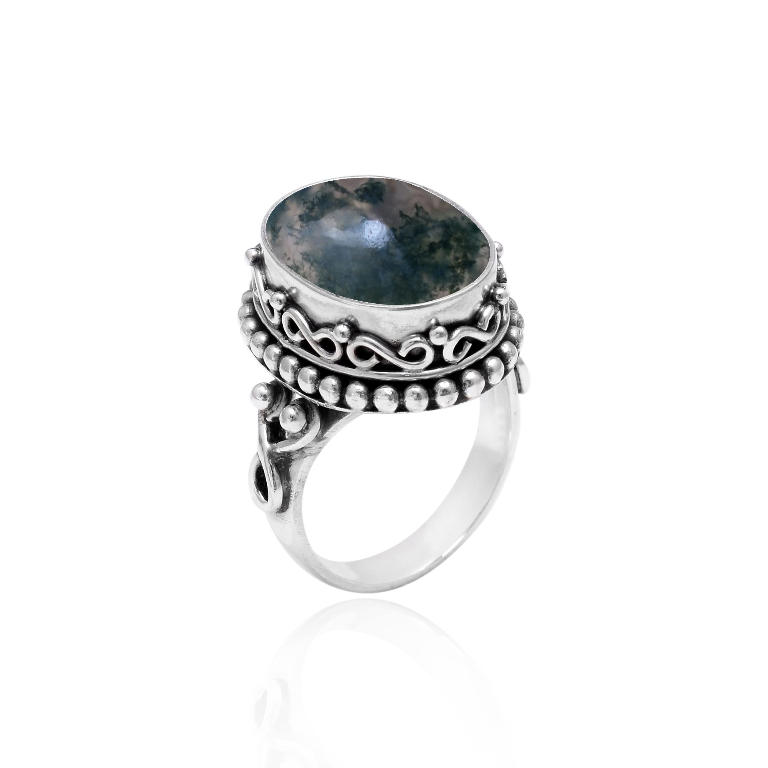 Veracity Jewelry Moss Agate Rings for Women - 925 Sterling Silver Healing Meditation Rings with Natural Green Gray Moss Agate Gemstone - VSR-328 | Spiritual Jewelry, Yoga Accessories, Mindful Gift for Her