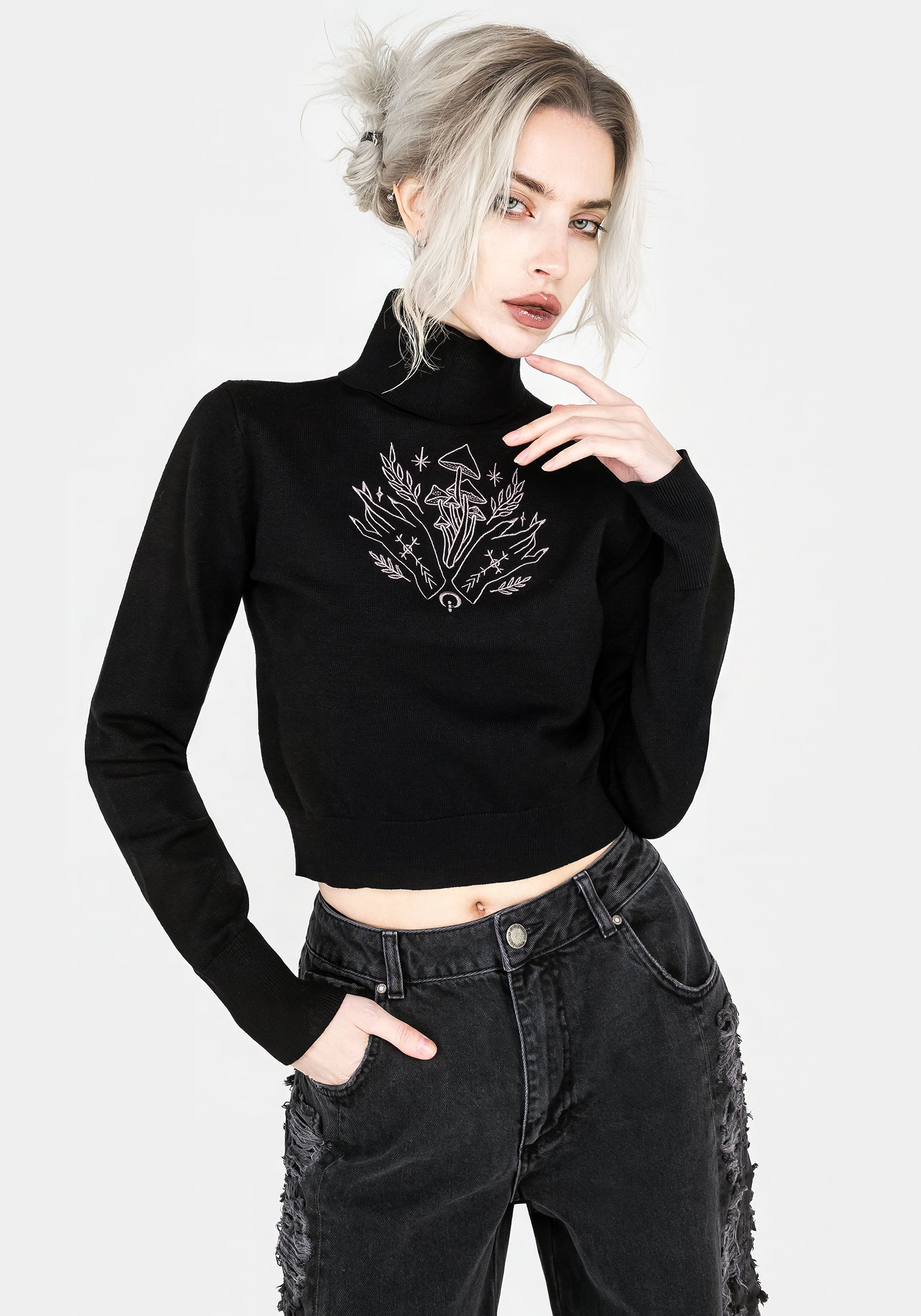Mystify Embroidered Roll Neck Crop Sweater - Women's Fashion Knit Top for Casual Wear & Date Night Outfits