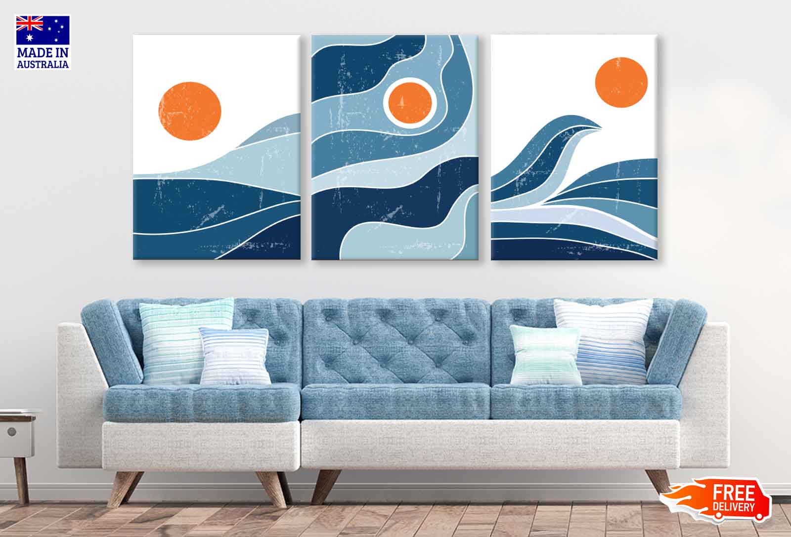 3-Piece Sea Sun Waves Vector Art Canvas Prints - High Quality Australian Made Wall Decor for Living Room, Bedroom & Office - Ready to Hang Beach Theme Home Decoration