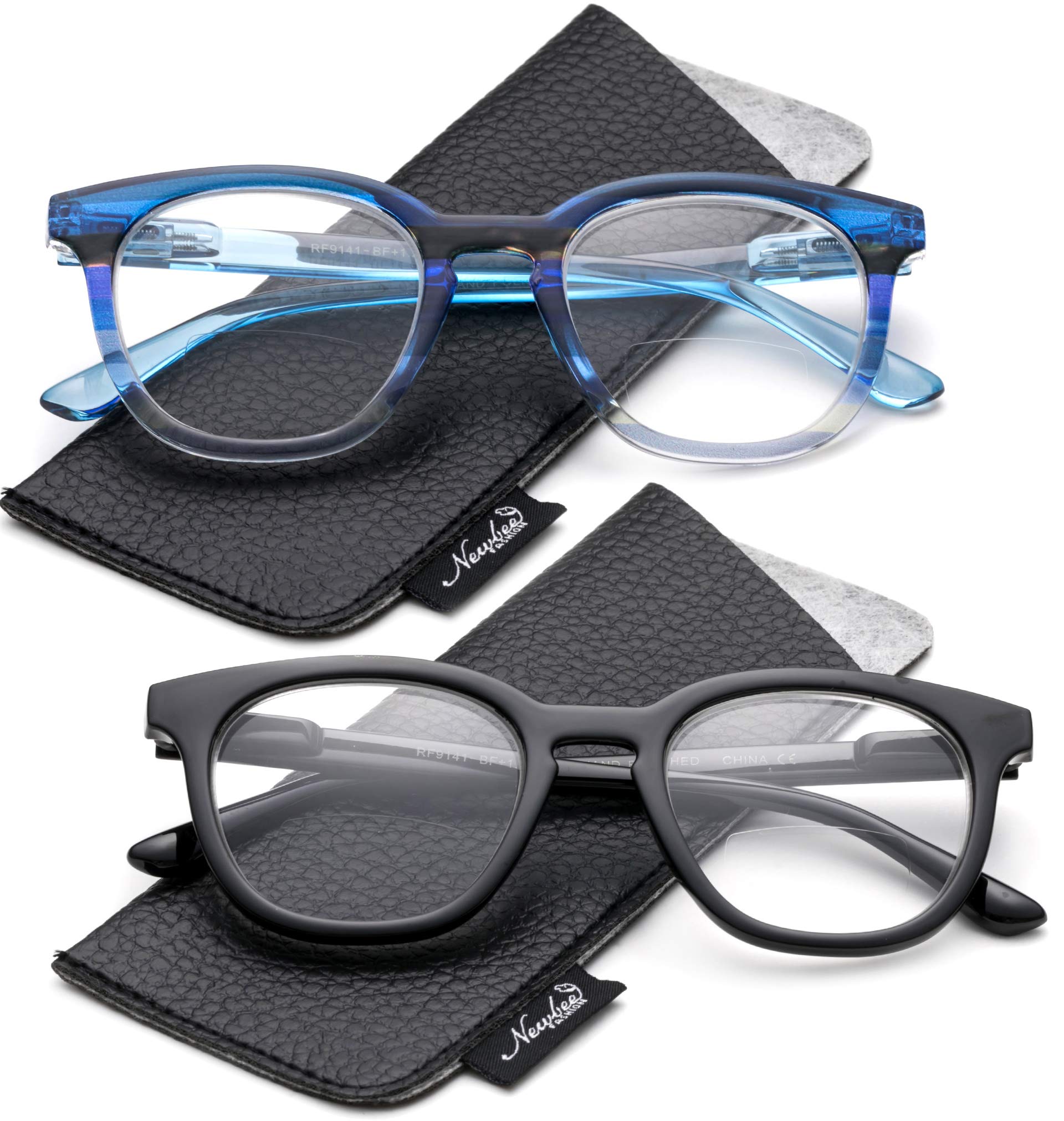 2-Pack Fashionable Bifocal Reading Glasses with 1.75 Magnification - Oversized Round Frame & Free Pouch - Perfect for Reading, Crafts, and Computer Work