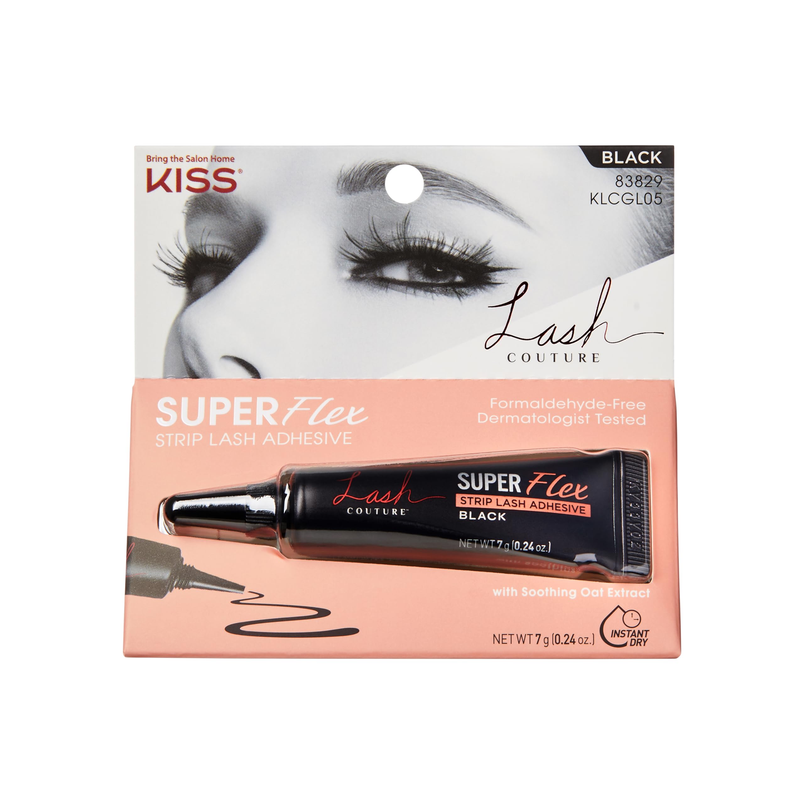 KISS Lash Couture Black Latex Strip Lash Adhesive - Soothing Oat Extract, Precision Nozzle, Dermatologist Tested | Contact Lens Safe, Formaldehyde Free, Waterproof (0.24 Oz) | Perfect for Daily Wear, Special Occasions & Sensitive Eyes
