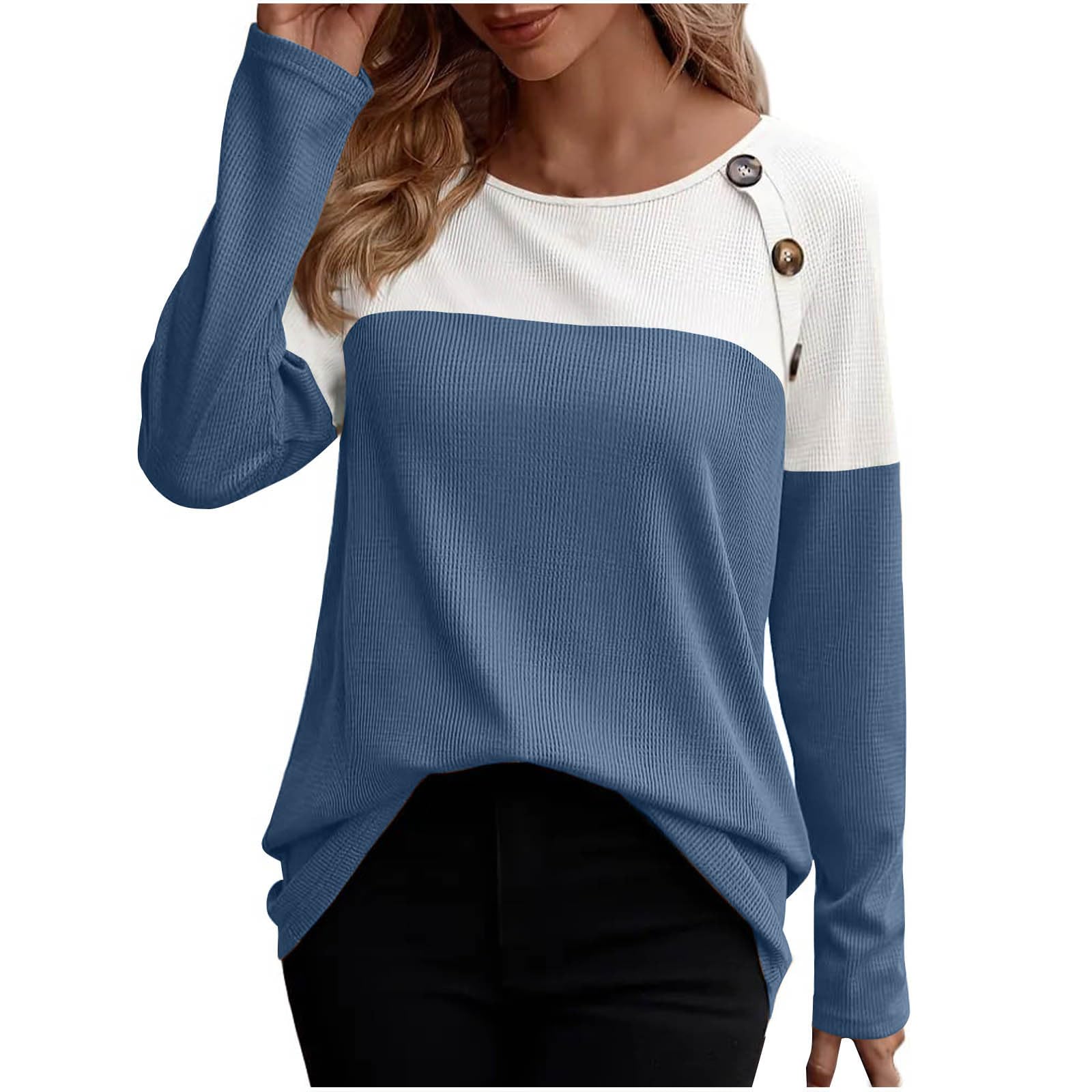 Women's Color Block Waffle Knit Long Sleeve Button-Up Blouse - Fall Fashion Crewneck Loose Pullover Top for Casual Wear, Office & Date Nights