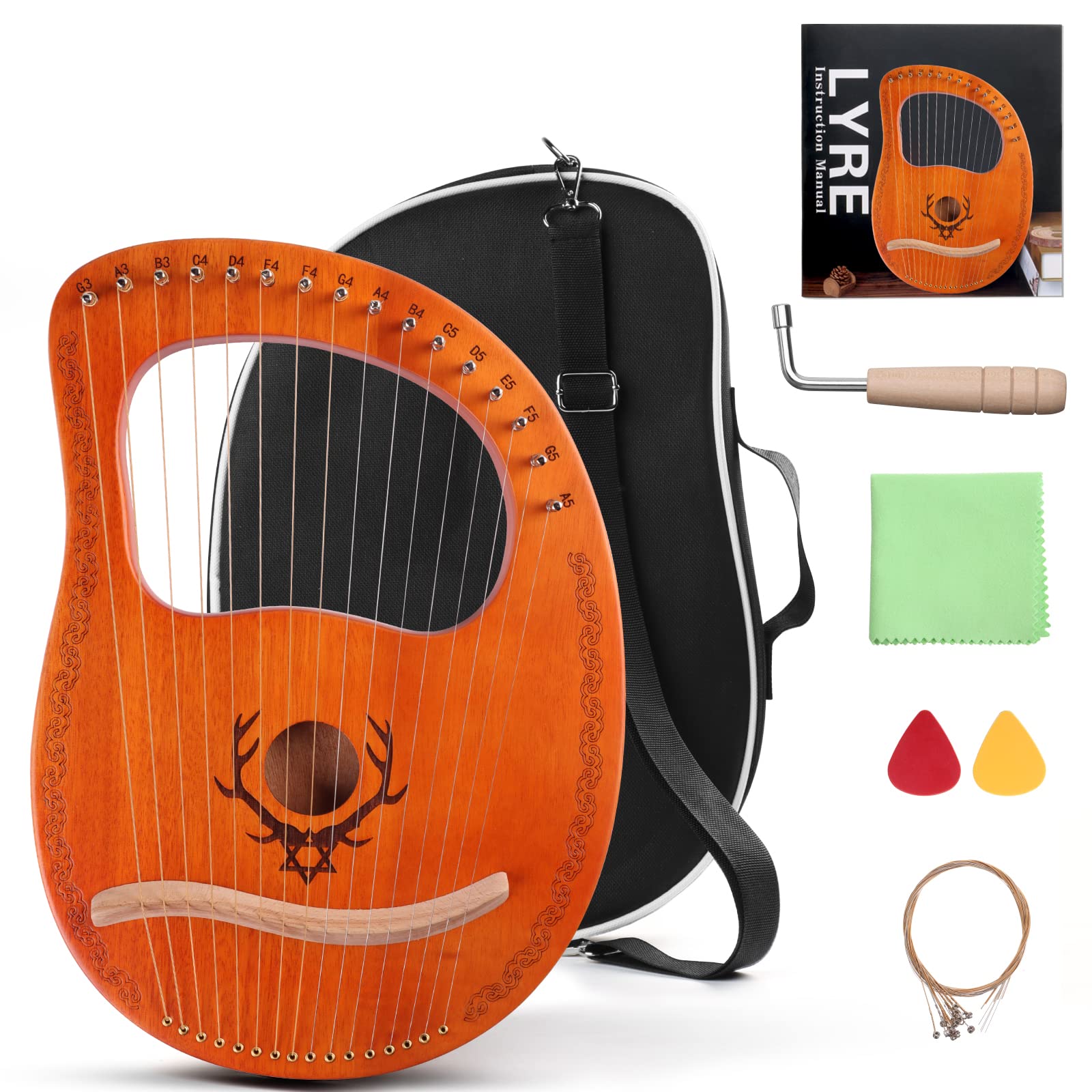 16 String Mahogany Lyre Harp with Tuning Wrench & String Set - Professional Musical Instrument for Beginners & Music Lovers | Perfect for Meditation, Home Decor & Celtic Music Performances