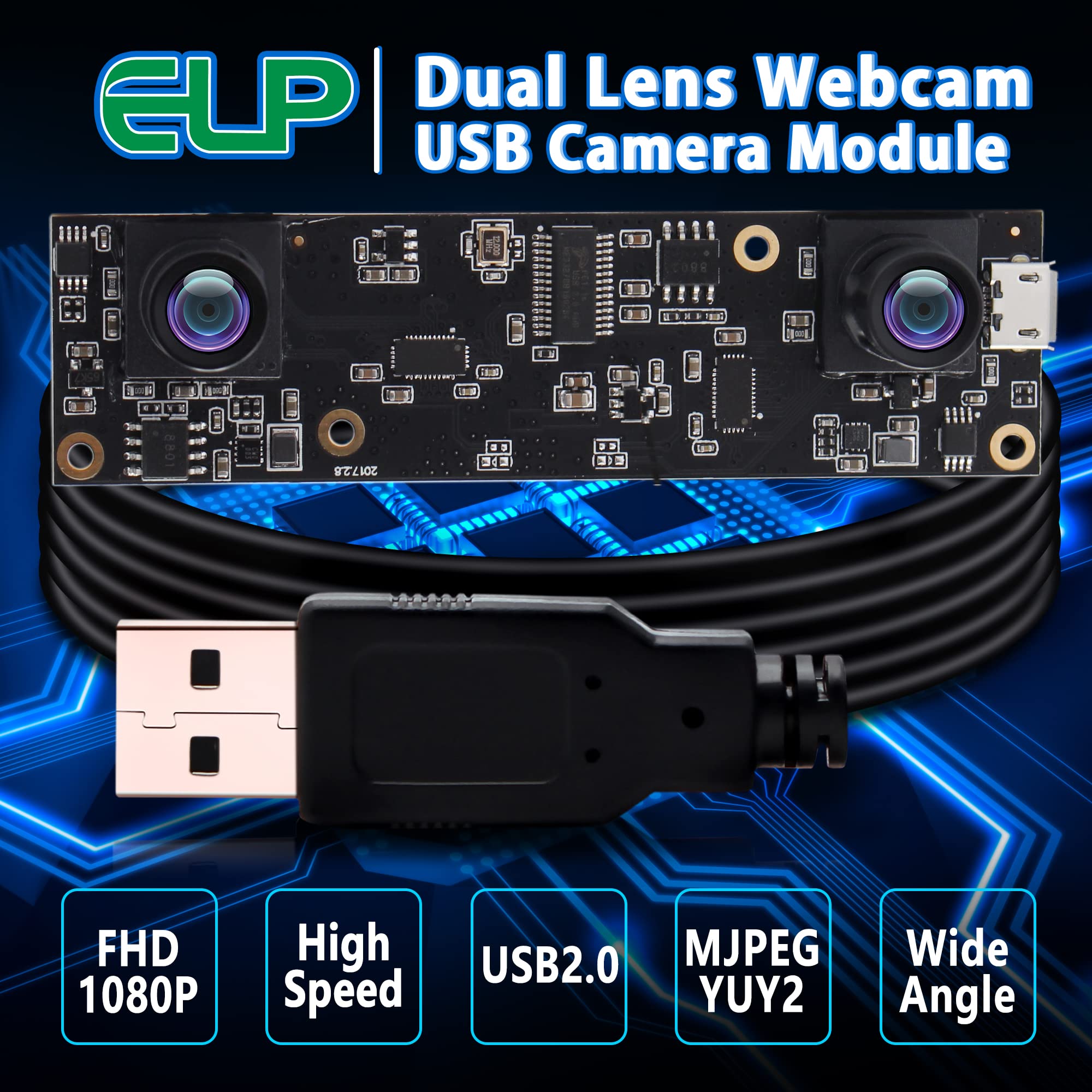 ELP 1080P Dual Lens USB Camera Module - 3D Stereo PC Webcam for Computer, Mini UVC USB 2.0 with AR0330 Sensor, 90° Lightburn & Binocular Vision | Perfect for Video Conferencing, Industrial Monitoring & USB Surveillance Systems