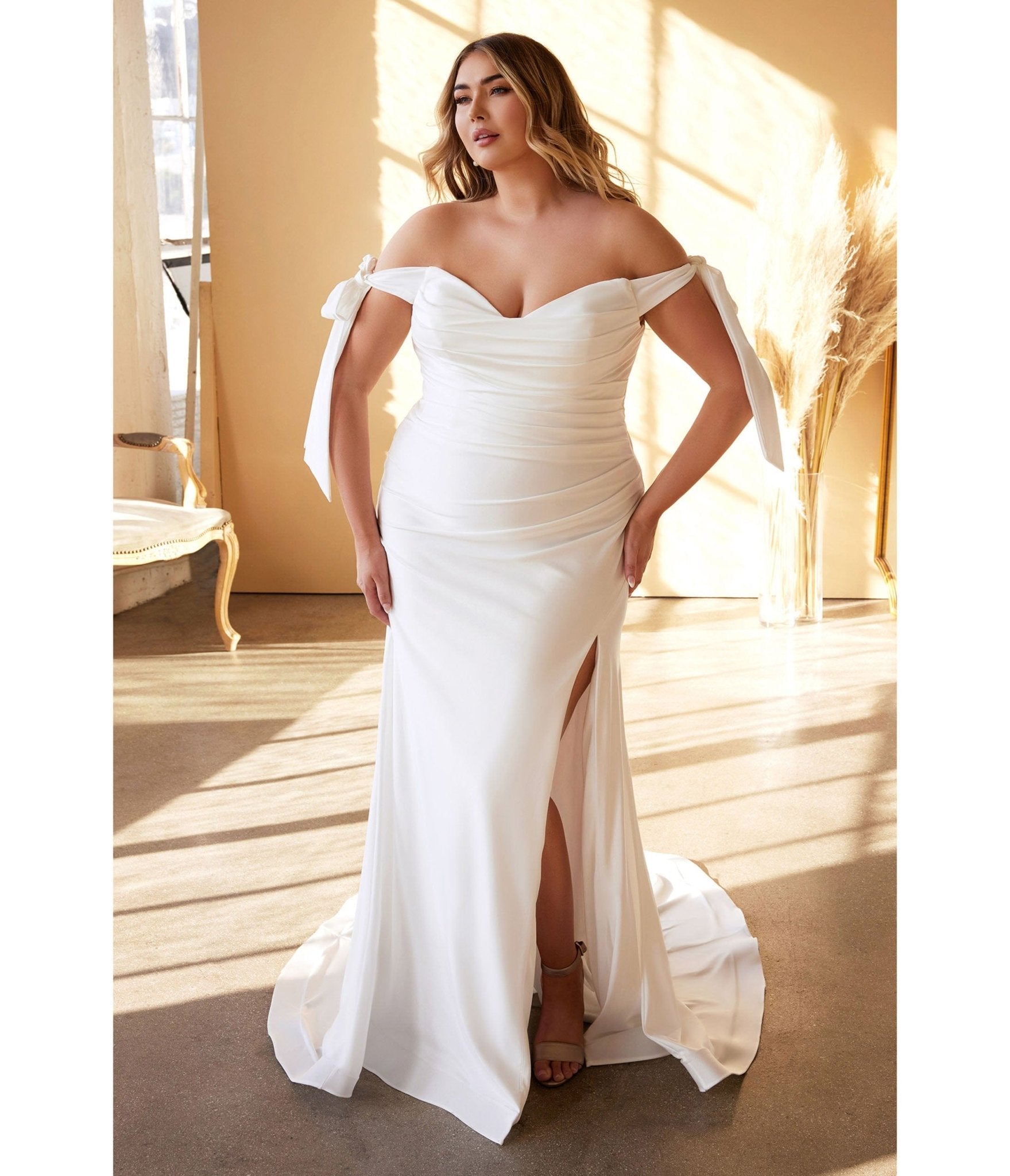 Ladivine by Cinderella Divine Plus Size White Off The Shoulder Trumpet Wedding Dress for Brides - Perfect for Beach Weddings, Vow Renewals & Formal Evening Events