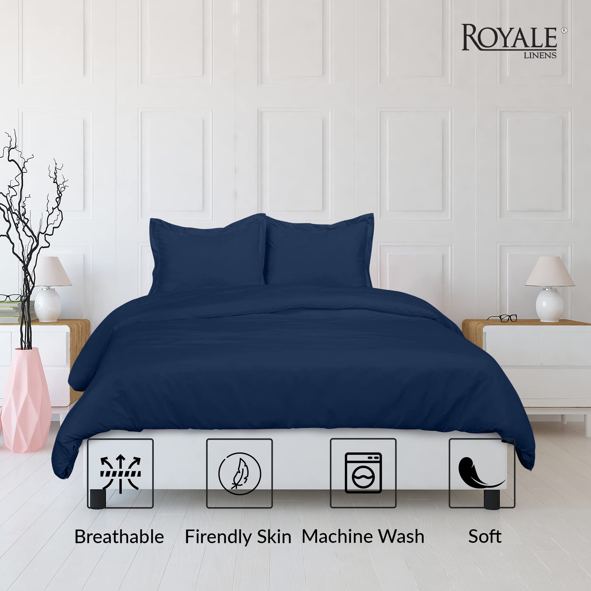 ROYALE Navy Duvet Cover Queen Size - 3 Piece Luxury Bedding Set with Button Closure - 90x90 Inch Duvet Cover & 2 Pillow Shams - Soft Microfiber Comforter Cover - Perfect for Master Bedroom, Guest Room & Vacation Homes