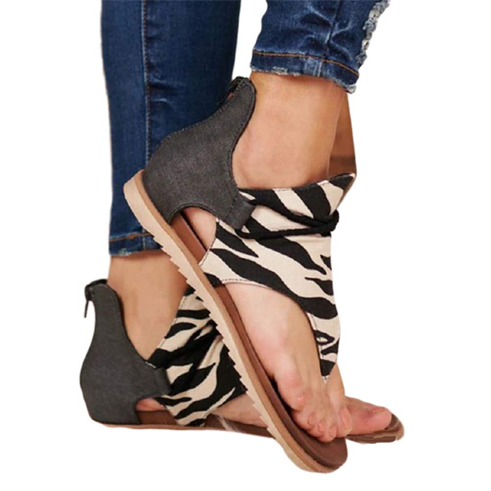 Women's Fashion Summer Sandals - Leopard Snake Zebra Print Flat Beach Sandals with Zipper | Comfortable Casual Shoes for Vacation, Walking & Outdoor Activities