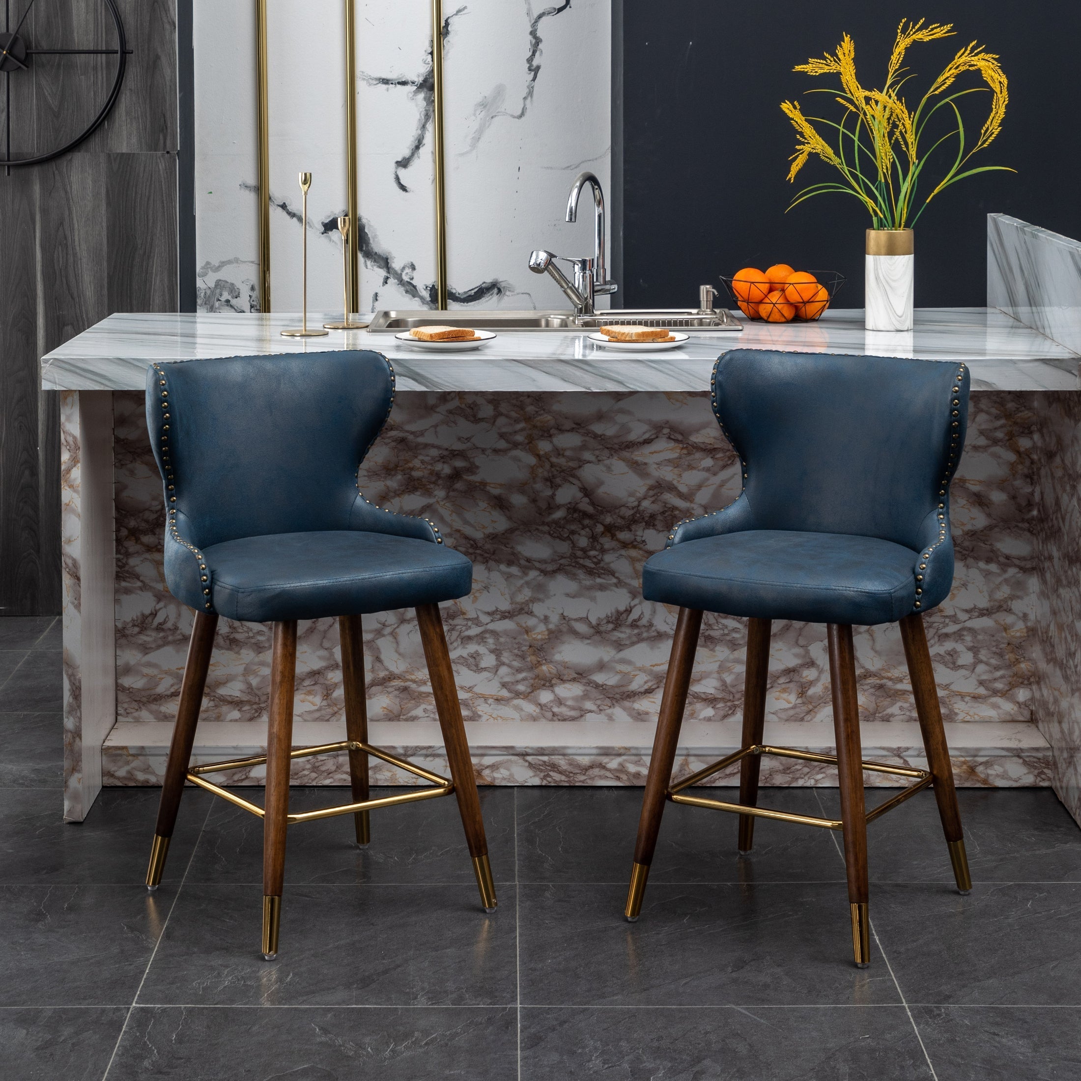 Roundhill Furniture Nevis Mid-Century Modern Faux Leather Tufted Counter Stool with Nailhead Trim - Set of 2, Blue - Perfect for Kitchen Islands, Breakfast Bars & Home Decor