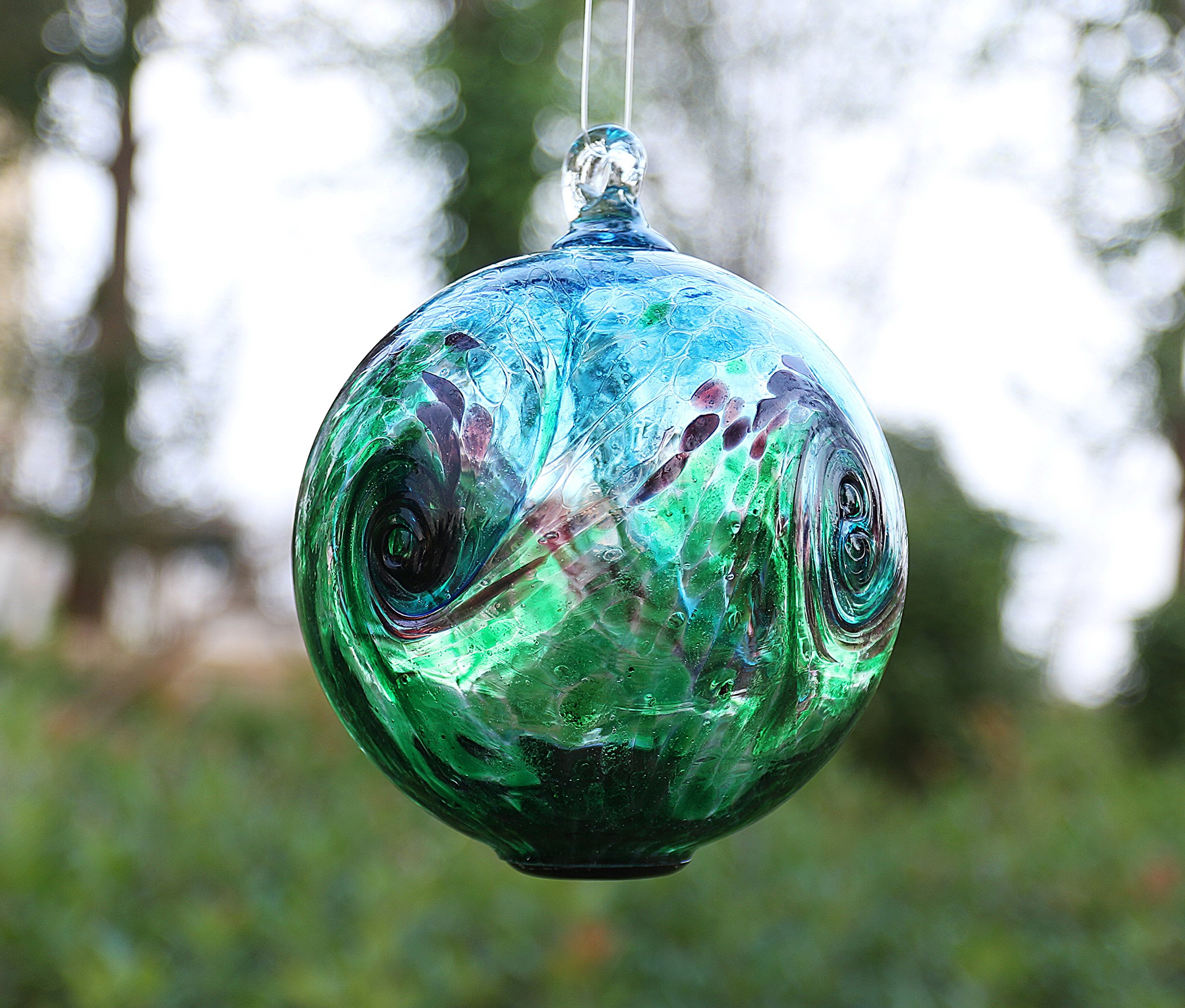 6-Inch Solar Hanging Glass Gazing Ball for Outdoor Garden Decor - Aqua Green Swirl Design, Solar-Powered Light for Patio, Yard, and Landscape Decoration at Night