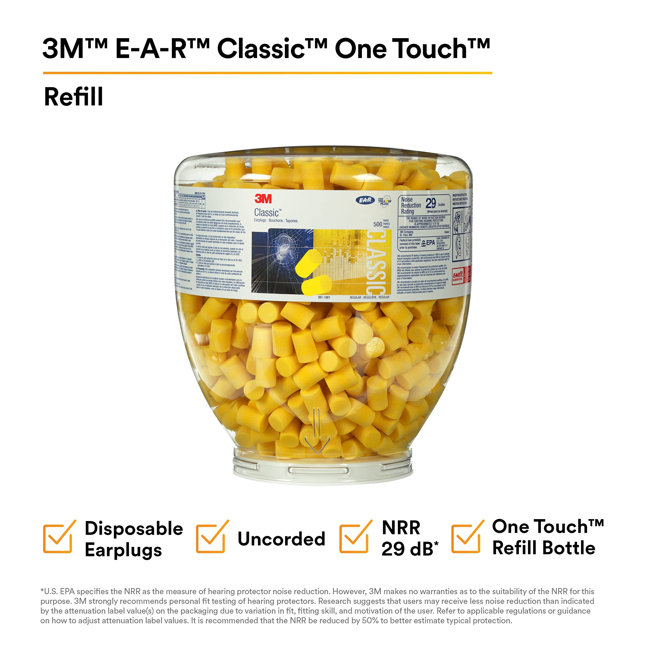 3M E-A-R Classic One Touch Refill 391-1001 Disposable Earplugs - 500 Pairs, Uncorded, 29dB NRR, Foam Ear Protection for Noise Reduction, Regular Size, Roll Down, ANSI/ASA S12.71-2018 Certified - Ideal for Construction, Concerts, Shooting Ranges & Sleeping