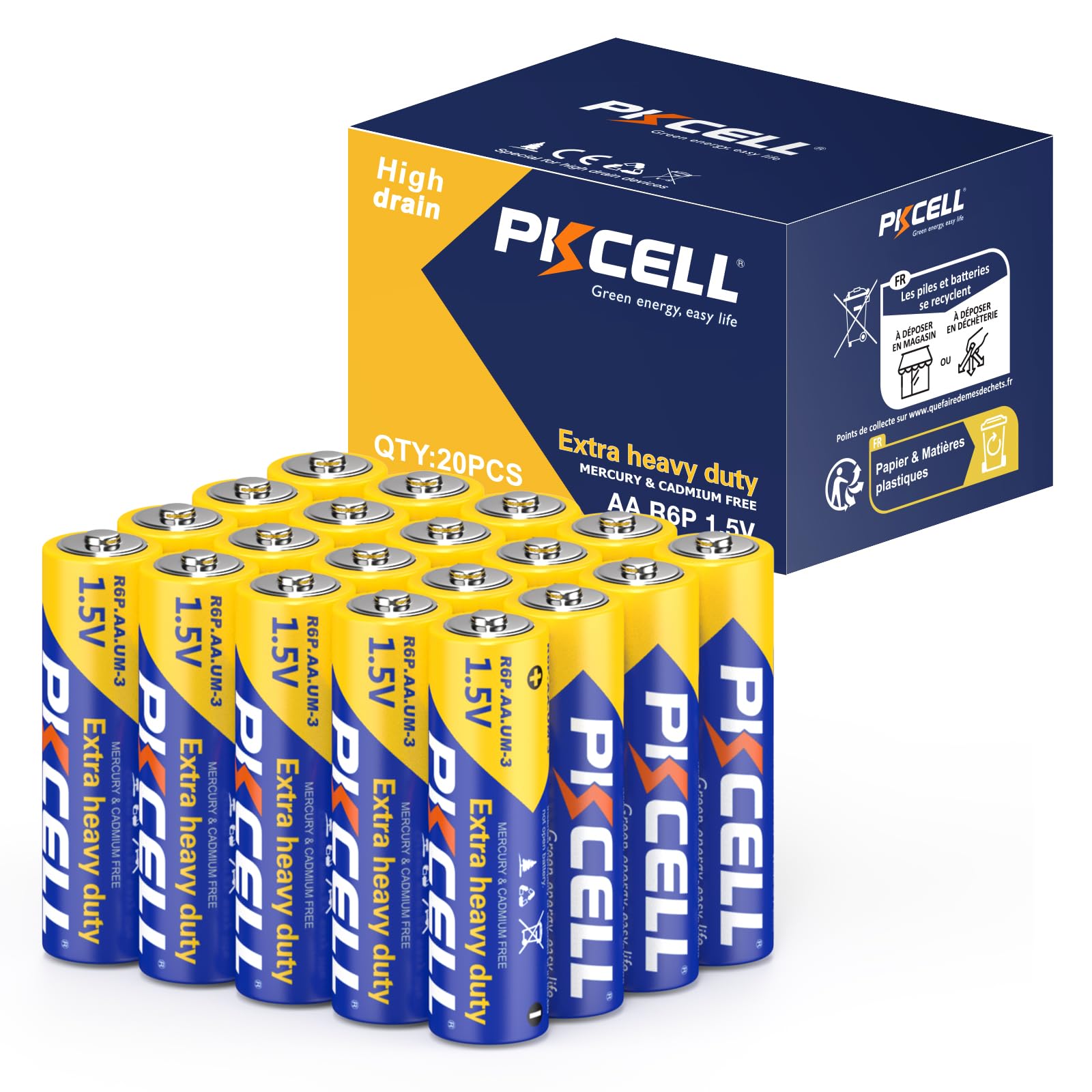 PKCELL AA Batteries 20-Pack - 1.5V Alkaline Double A R6P UM3 Batteries for Clocks, Remote Controls, Flashlights - Long-Lasting Power for Home, Office & Emergency Use