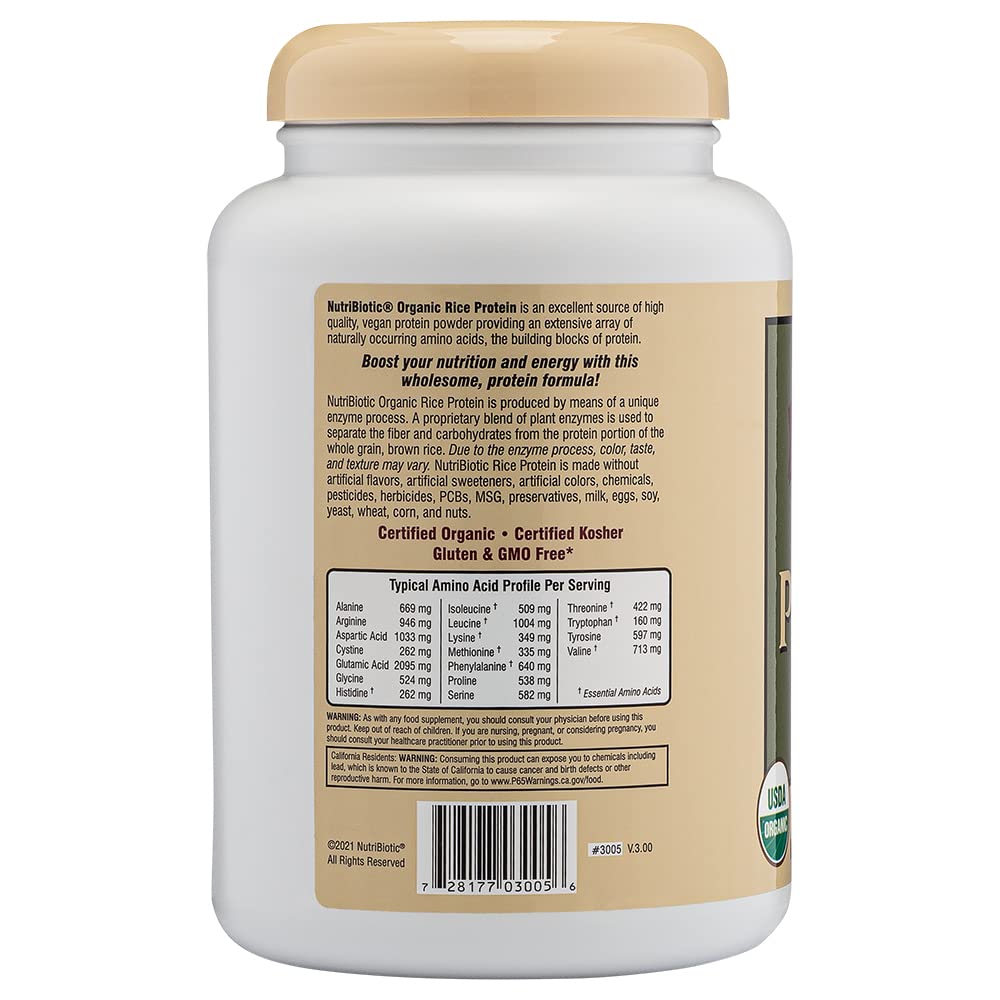 NutriBiotic Organic Rice Protein Powder Vanilla Flavor, 1 Lb 5 Oz - Vegan, Keto Friendly, Gluten Free, Non-GMO, Kosher Certified | Low Carb Plant-Based Protein Supplement for Smoothies, Baking & Post-Workout Recovery | Easy Digestible & Chemical-Free Formula