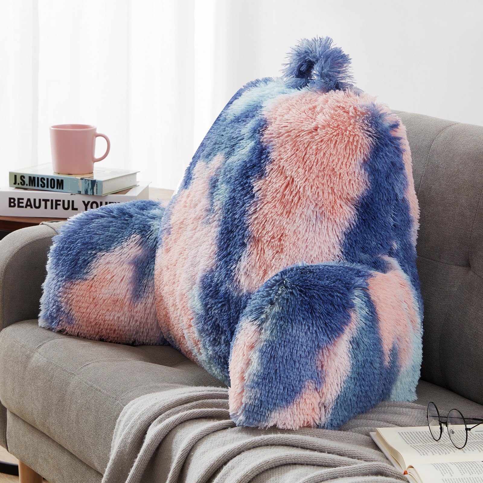 Ergonomic Reading Pillow for Adults - Soft Faux Fur Backrest with Arms, Supportive Bed Cushion for Sitting in Bed, Watching TV, or Studying - Perfect for College Dorms, Home Use & Relaxation