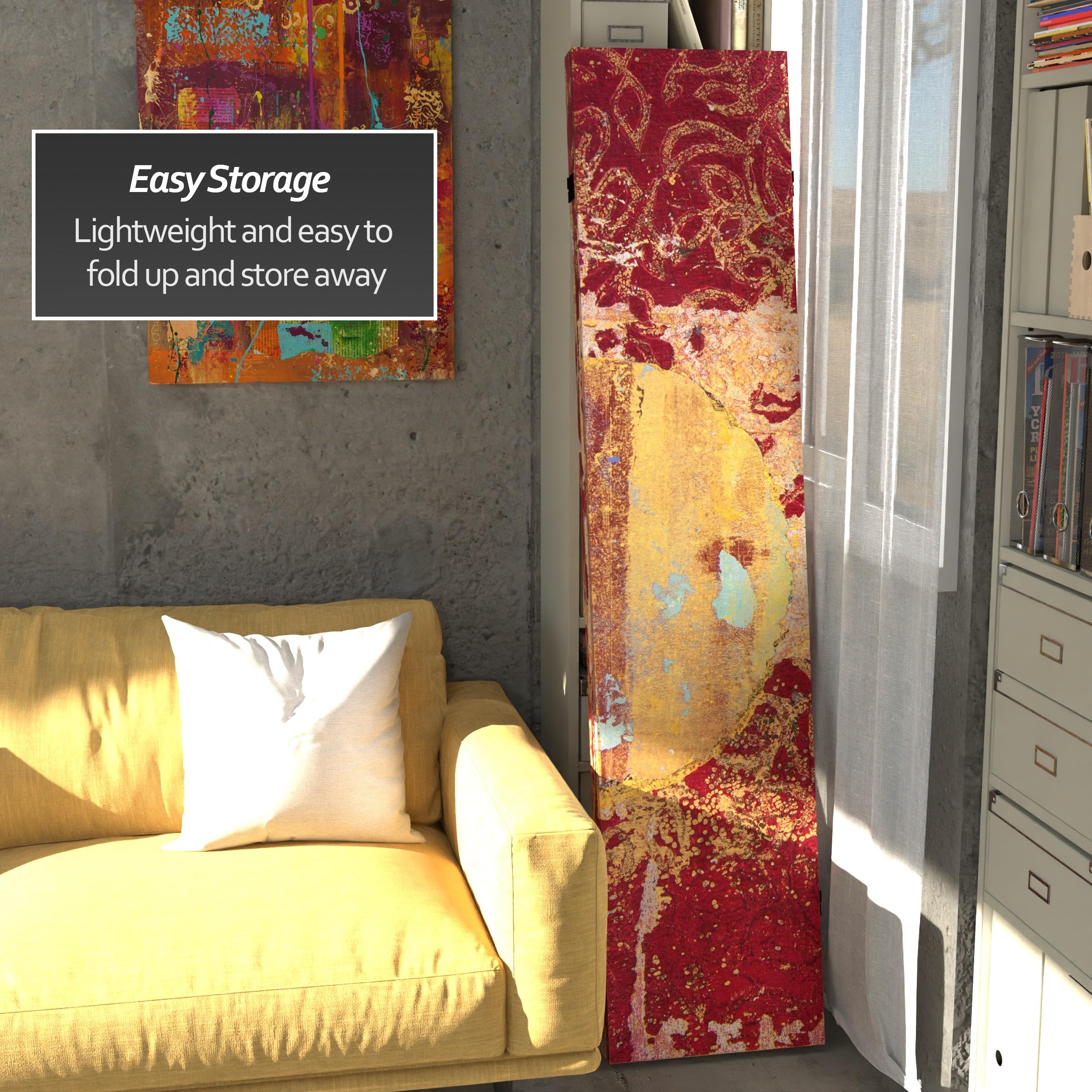 6 ft. Tall Red Lantern Tranquil Ripples Canvas Room Divider - Asian Inspired Fire Dancer Design for Home Decor, Office Partition & Meditation Space