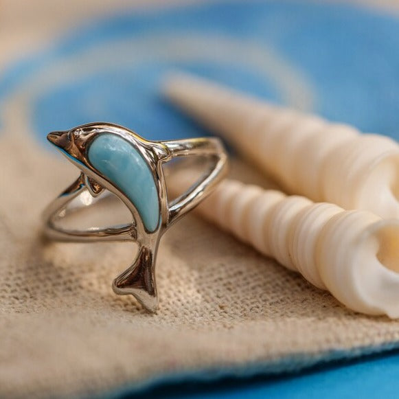 Dolphin Ring with Genuine Larimar Stone - Handmade Sterling Silver Jewelry for Women - Perfect Gift for Beach Lovers & Ocean-Themed Occasions