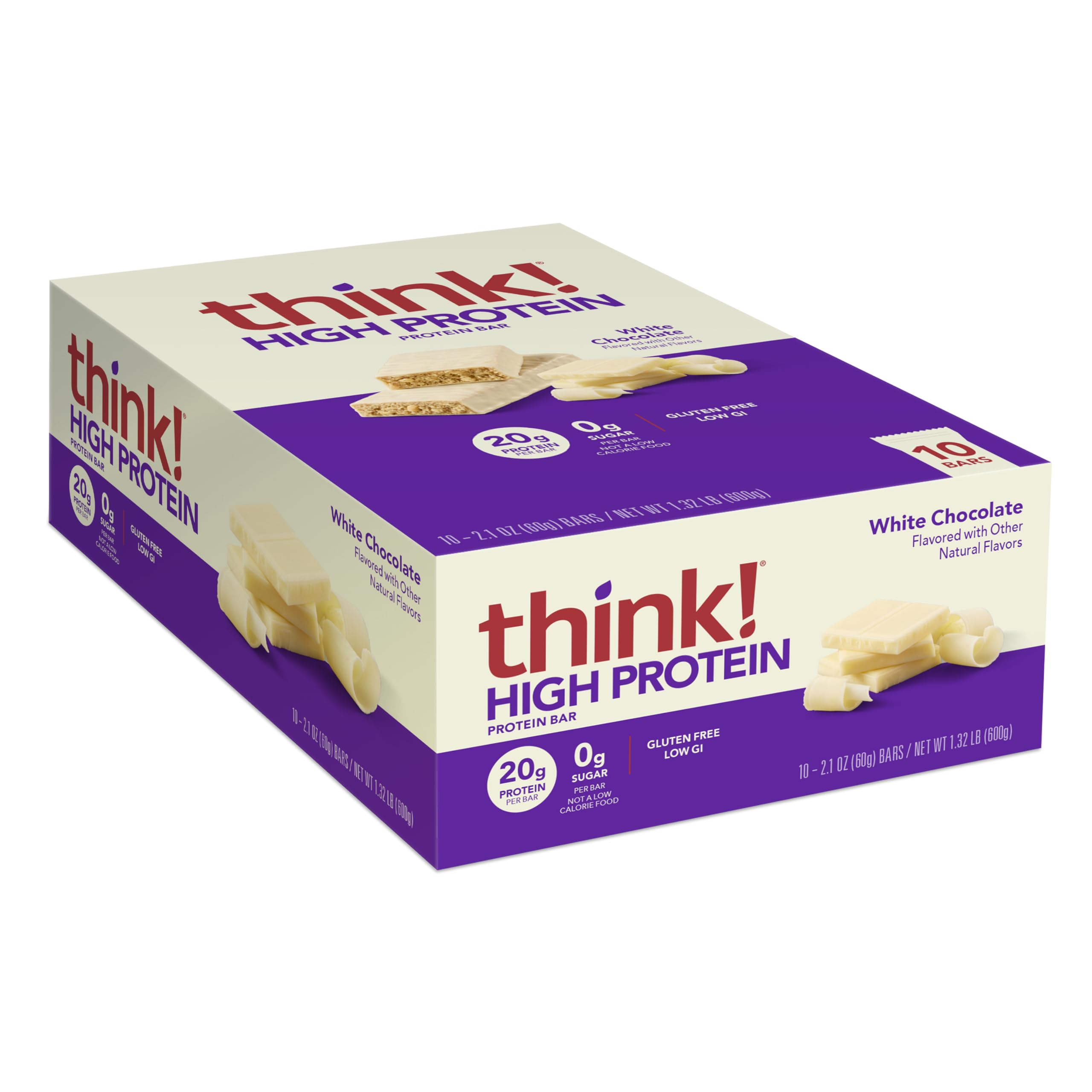 Think! Protein Bars - High Protein Snacks, Gluten Free, Kosher Friendly, White Chocolate Nutrition Bars, 2.1 Oz (10 Count) - Perfect for Workout Recovery, Office Snacks & Healthy On-the-Go Energy