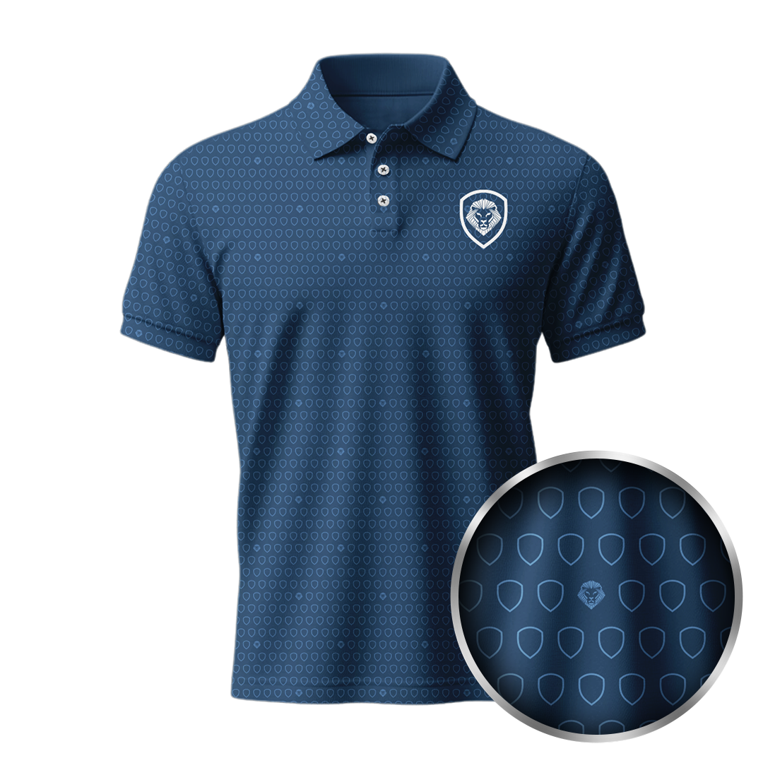 Lion Shield Navy & White Pattern Short Sleeve Polo Shirt for Men - Classic Fit Casual Wear for Golf, Office & Summer Outings