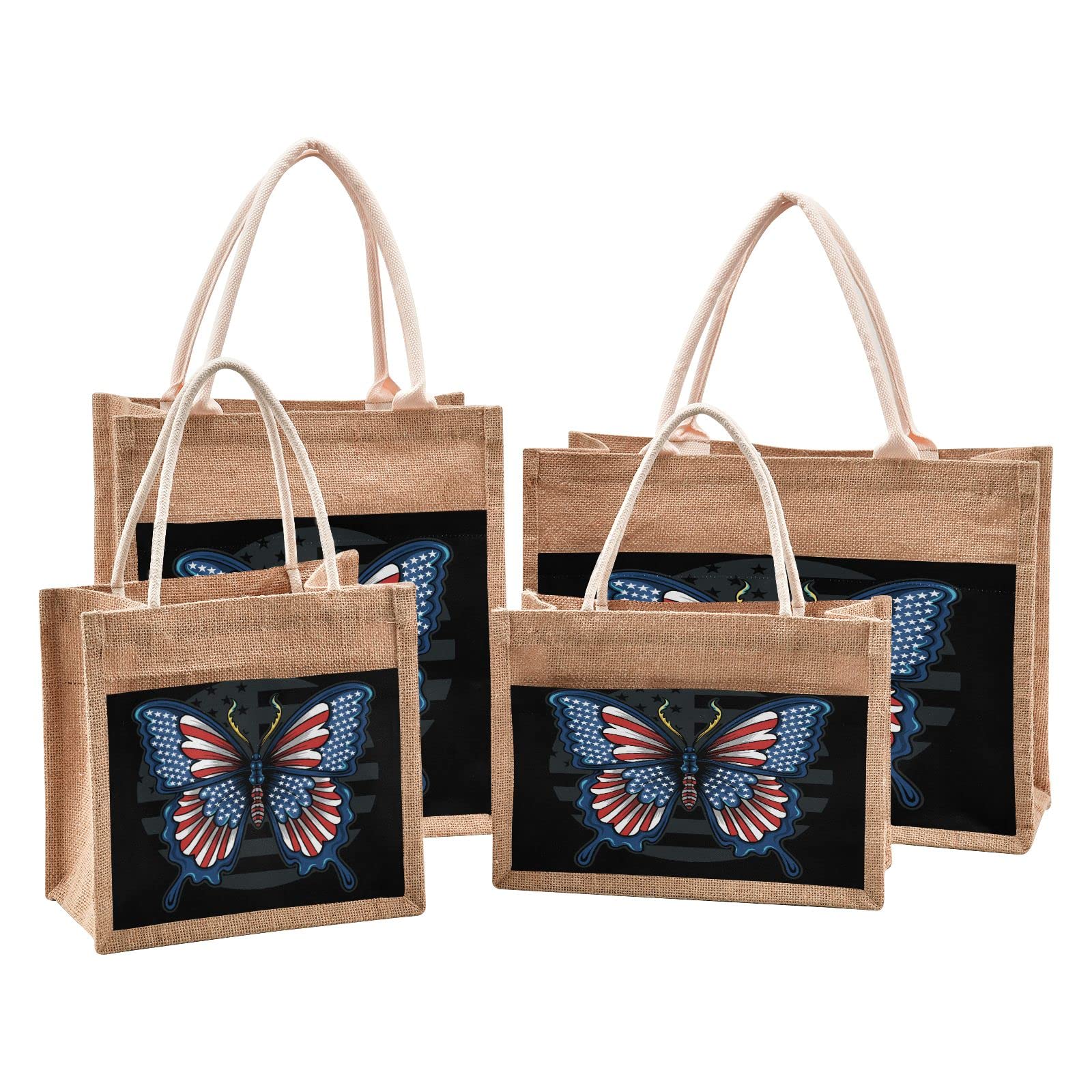 Eco-Friendly Jute Tote Bag for Women - American Flag Butterfly Design Reusable Grocery Shopping Bag with Sturdy Handles | Perfect for Travel, Beach, Wedding & Everyday Use