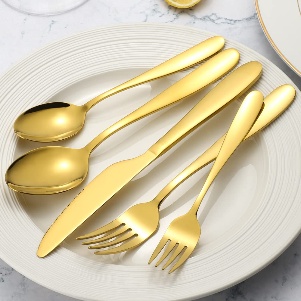 60-Piece Gold Silverware Set, CXJY Premium Stainless Steel Flatware Set Service for 12 - Titanium Gold Plated Cutlery Set with Spoons, Forks & Knives - Mirror Polished, Dishwasher Safe - Perfect for Weddings, Dinner Parties & Luxury Dining