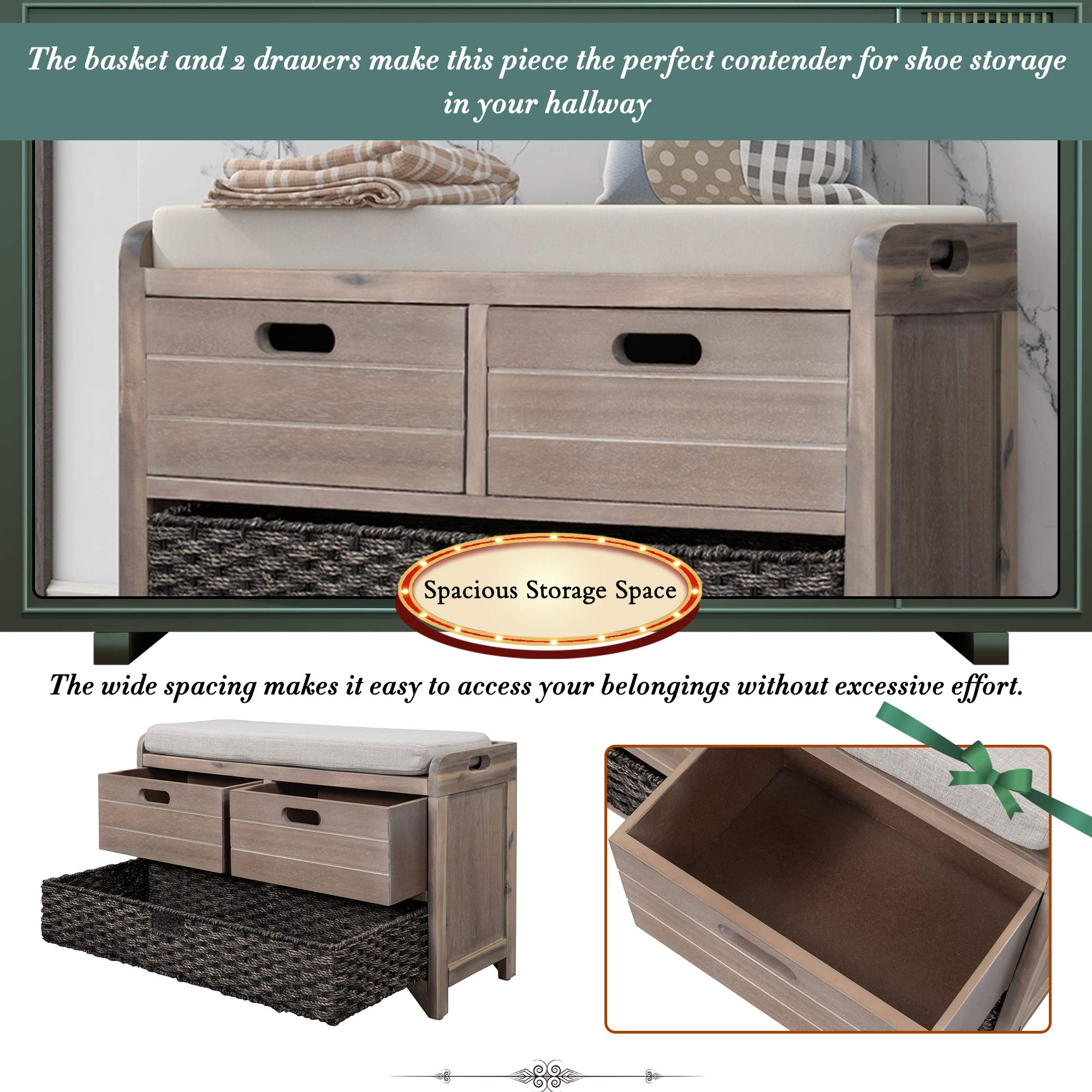 White Washed Storage Bench with Cushion & Drawers - Entryway, Bedroom, Living Room Organizer