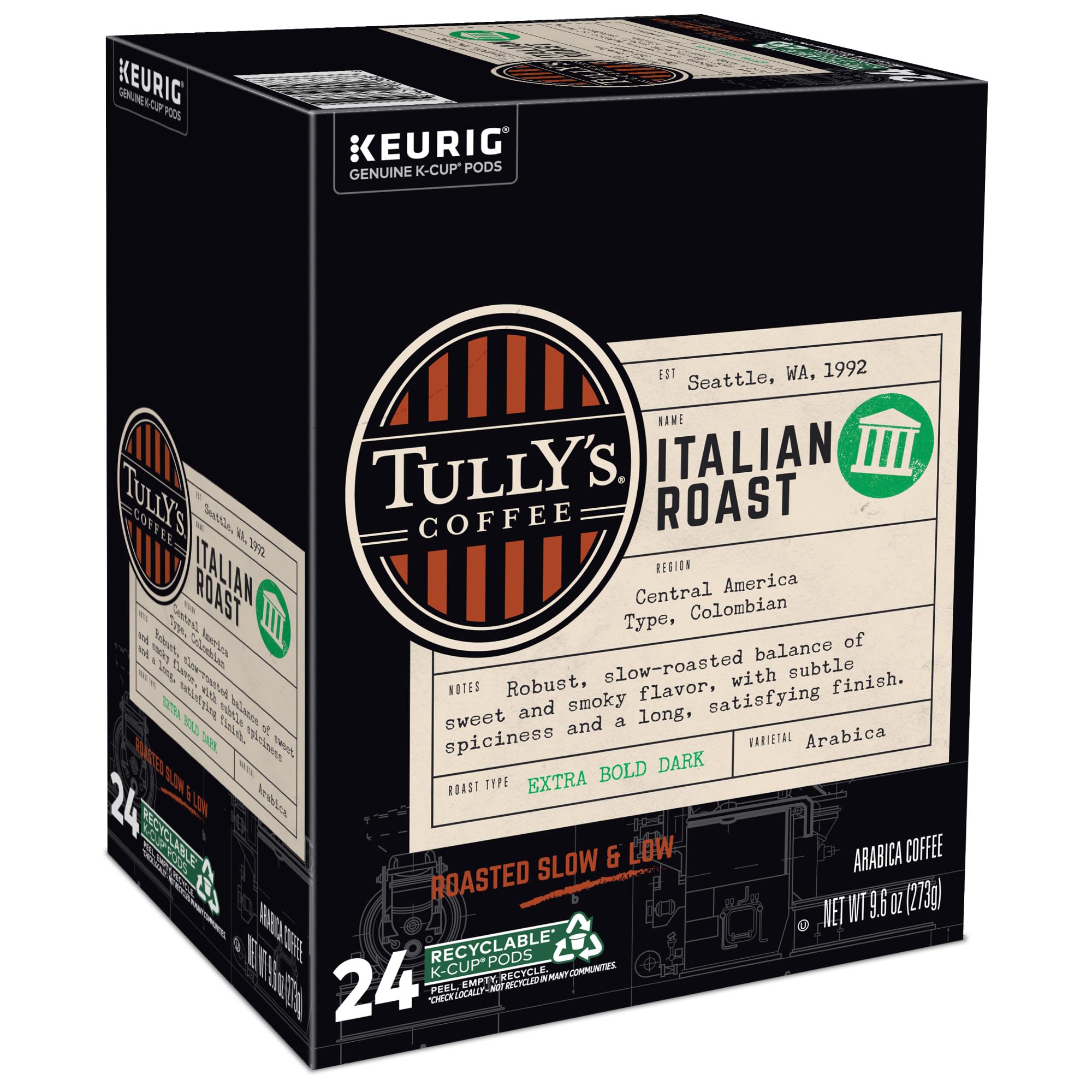Tully's Coffee Italian Roast K-Cups Pods - 96 Count (3.69kg) Dark Roast Coffee for Keurig Brewers - Perfect for Home, Office & Morning Coffee Routine