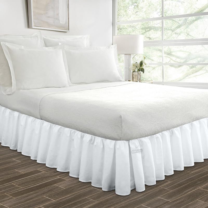 SGI Bedding 16 Inch Ruffled Bed Skirt - Premium Microfiber Dust Ruffle with Extra Storage Space | Fade, Wrinkle & Static Resistant | California King Size, White | Perfect for Master Bedroom, Guest Room & Home Decor