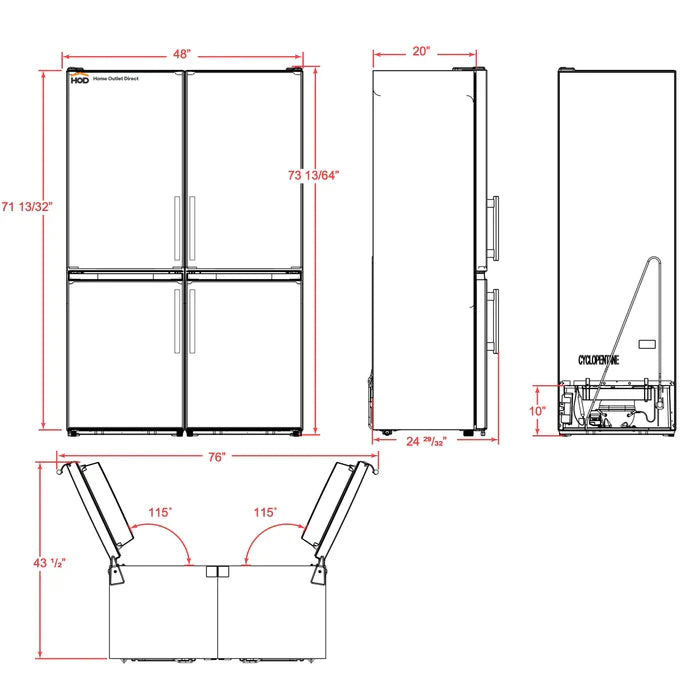 FORNO Guardia 46.8 Inch 21.6 cu.ft Stainless Steel Side by Side Refrigerator with Bottom Freezer - Model FFFFD1778 48S - Perfect for Modern Kitchens and Open Floor Plans