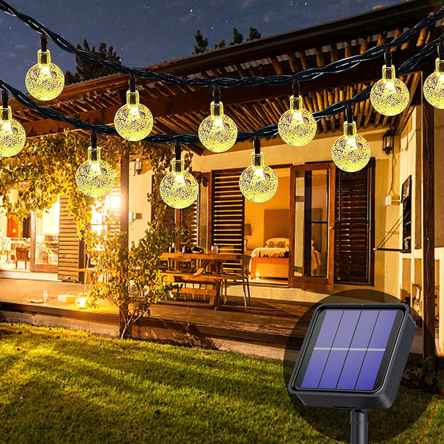 Lezonic 50LED Solar Crystal Globe String Lights - 8 Modes, 7M/24Ft Waterproof Outdoor Solar Lights for Garden, Patio, Yard, Christmas, Parties, Wedding (Warm White) | Perfect for Backyard Decor, Holiday Lighting, and Special Events
